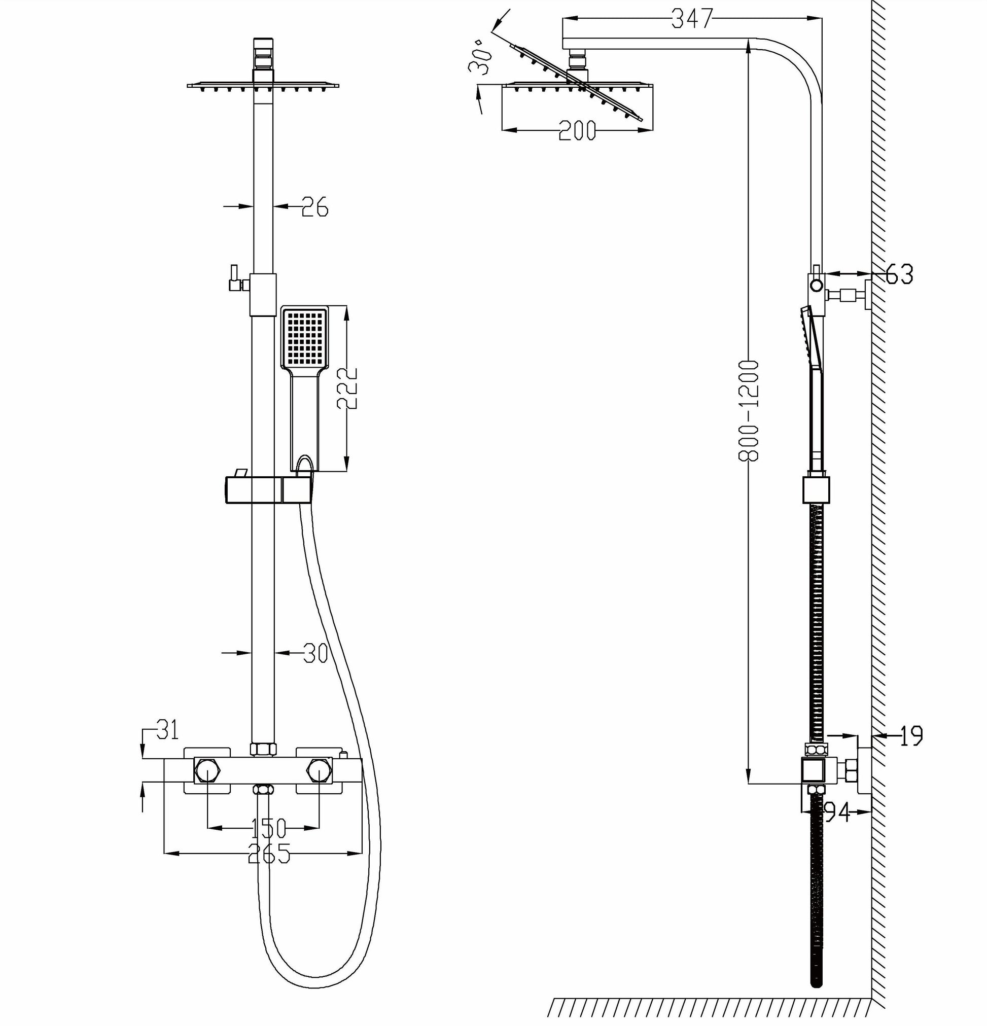 OCEAN ITALY Sistema a Pilastro Quadrato per Doccia Termostatica, Set Doccia a Pioggia con Soffione in Acciaio Inox, Doccia Completa Montata a Parete da Bagno, Saliscendi Doccia con Fintura Cromata, Asta e Soffione Regolabile