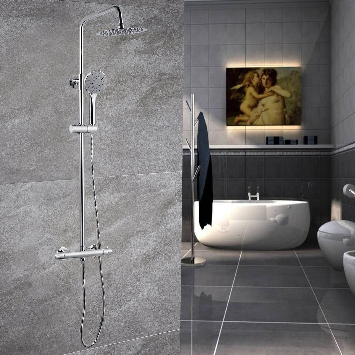 OCEAN ITALY Gruppo Doccia con Rubinetto in Ottone, Saliscendi Doccia con Soffione in Acciaio Inox, Miscelatore Doccia Antiscottatura ARGENTO