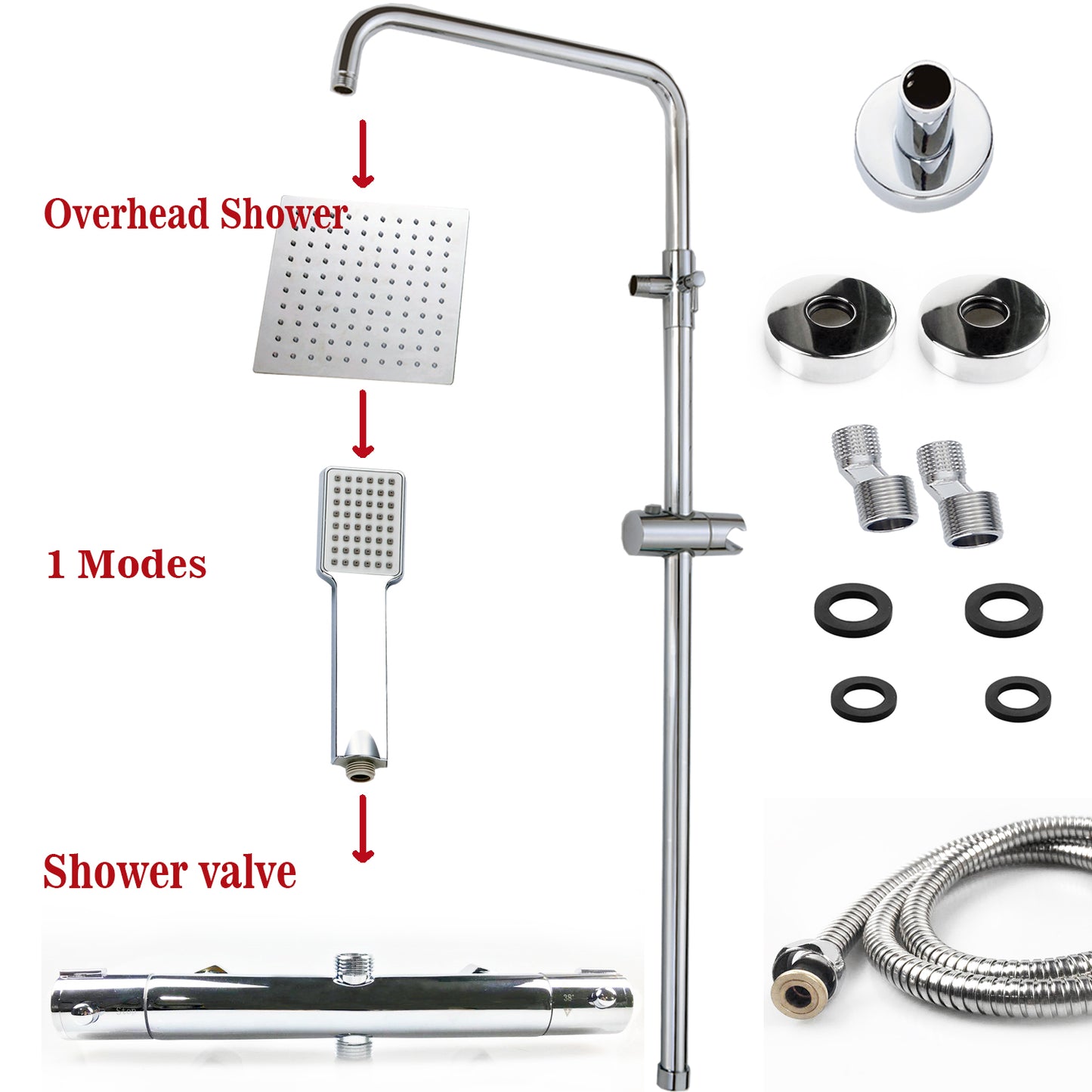 OCEAN ITALY Doccia Soffione in Acciaio Inox con Miscelatore Termostatico, Colonna Doccia con Rubinetto in Ottone e Tubo Flessibile, Saliscendi Doccia Regolabile