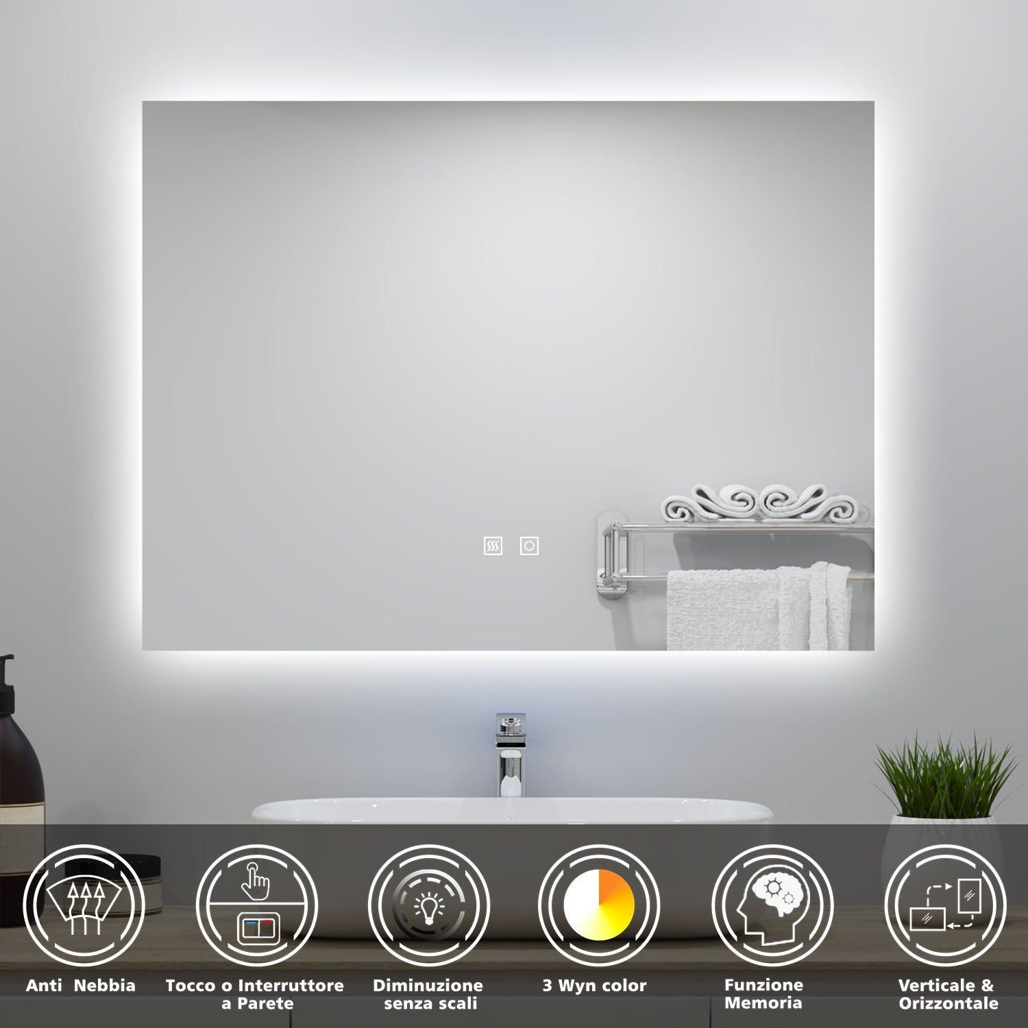 SIRHONA Specchio LED Da Bagno 80 X50cm, Specchio Parete Da Muro Con Interruttore Touch E Anti Appannamento Specchio Da Parete Moderno Impermeabile Ip44 37724471 SIRHONA Specchio LED Da Bagno 80 X50cm, Specchio Parete Da Muro Con Interruttore Touch E Anti Appannamento Specchio Da Parete Moderno Impermeabile Ip44 37724471