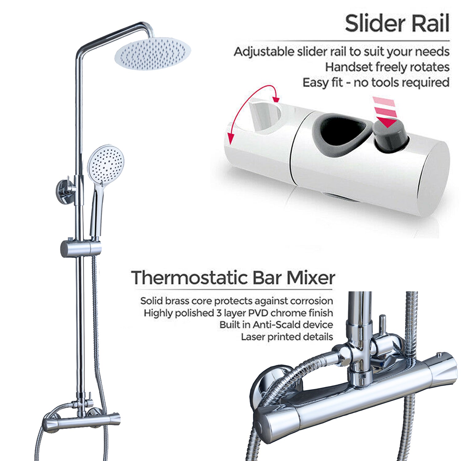 OCEAN ITALY Colonna Doccia con Rubinetto Termostatico, Soffione Doccia Rotondo in Acciaio Inox, Kit Asta Doccia Regolabile con Soffione a Pioggia, Doccetta a Mano Rontonda, e Tubo Flessibile Antitorsione