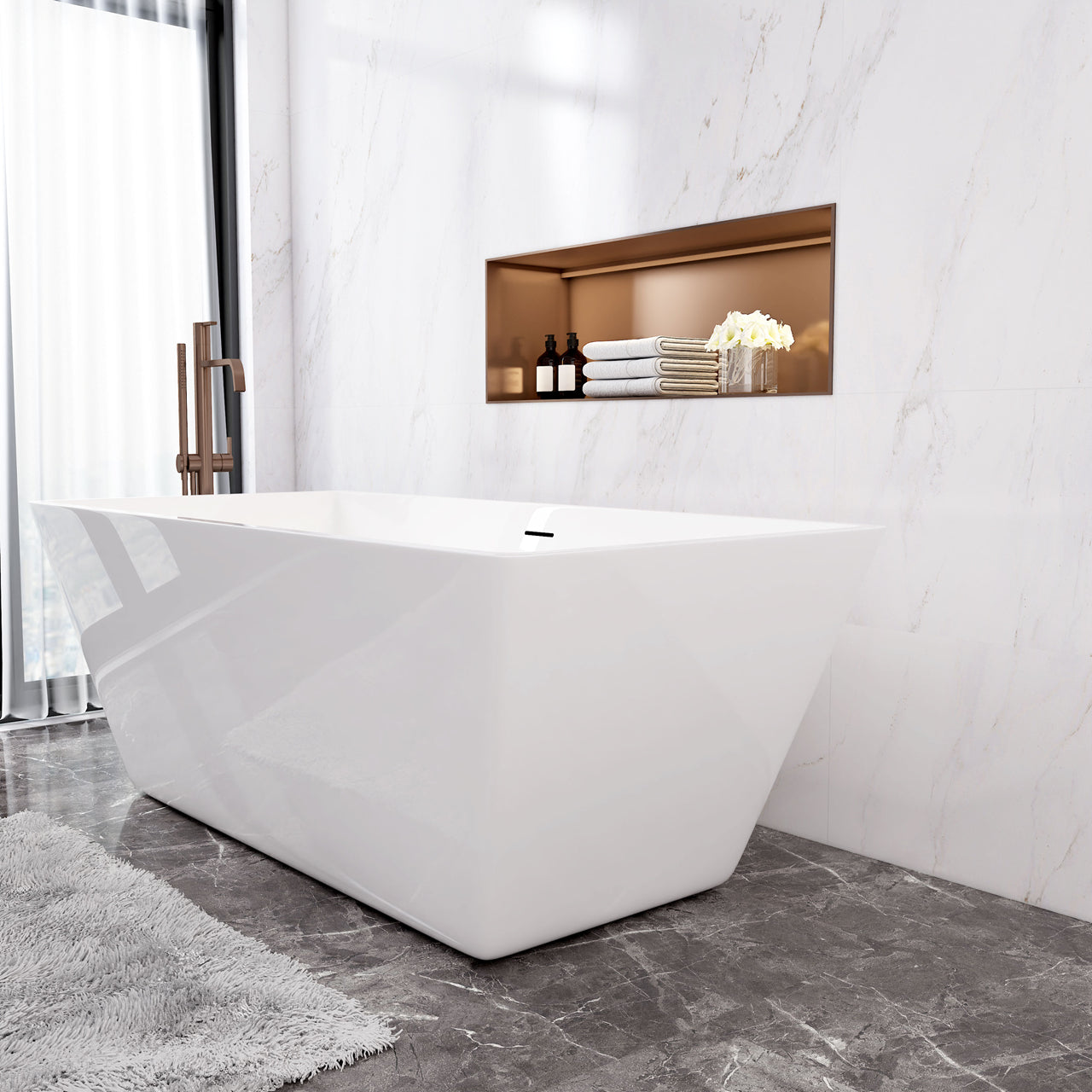 Vasca da Bagno Freestanding Rettangolo Simmetrico Bianco in Acrilico 170x80x58 cm/150x72x56 cm (L.xP.xA.)