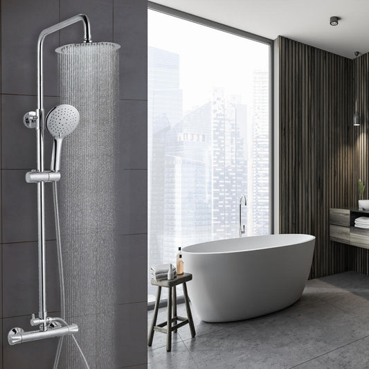 OCEAN ITALY Colonna Doccia con Rubinetto Termostatico, Soffione Doccia Rotondo in Acciaio Inox, Kit Asta Doccia Regolabile con Soffione a Pioggia, Doccetta a Mano Rontonda, e Tubo Flessibile Antitorsione Argento Ottone+Acciaio Inox+Silicone