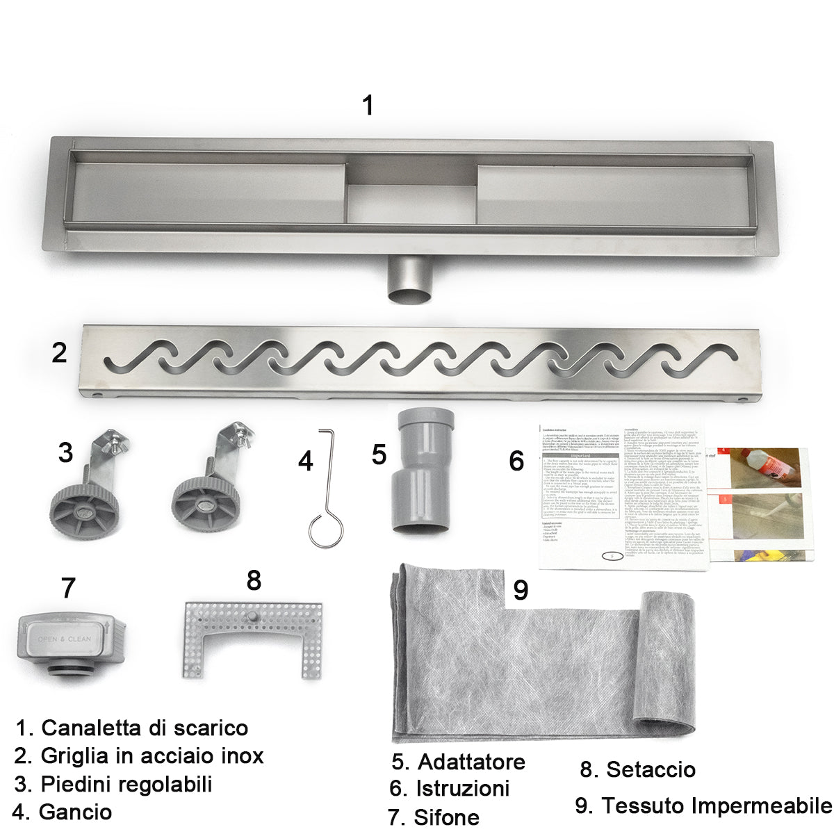 Canalina doccia Wave design cavo pannello piastrellabile in acciaio inox scarico a pavimento per bagno 60 70 80 90 100 cm