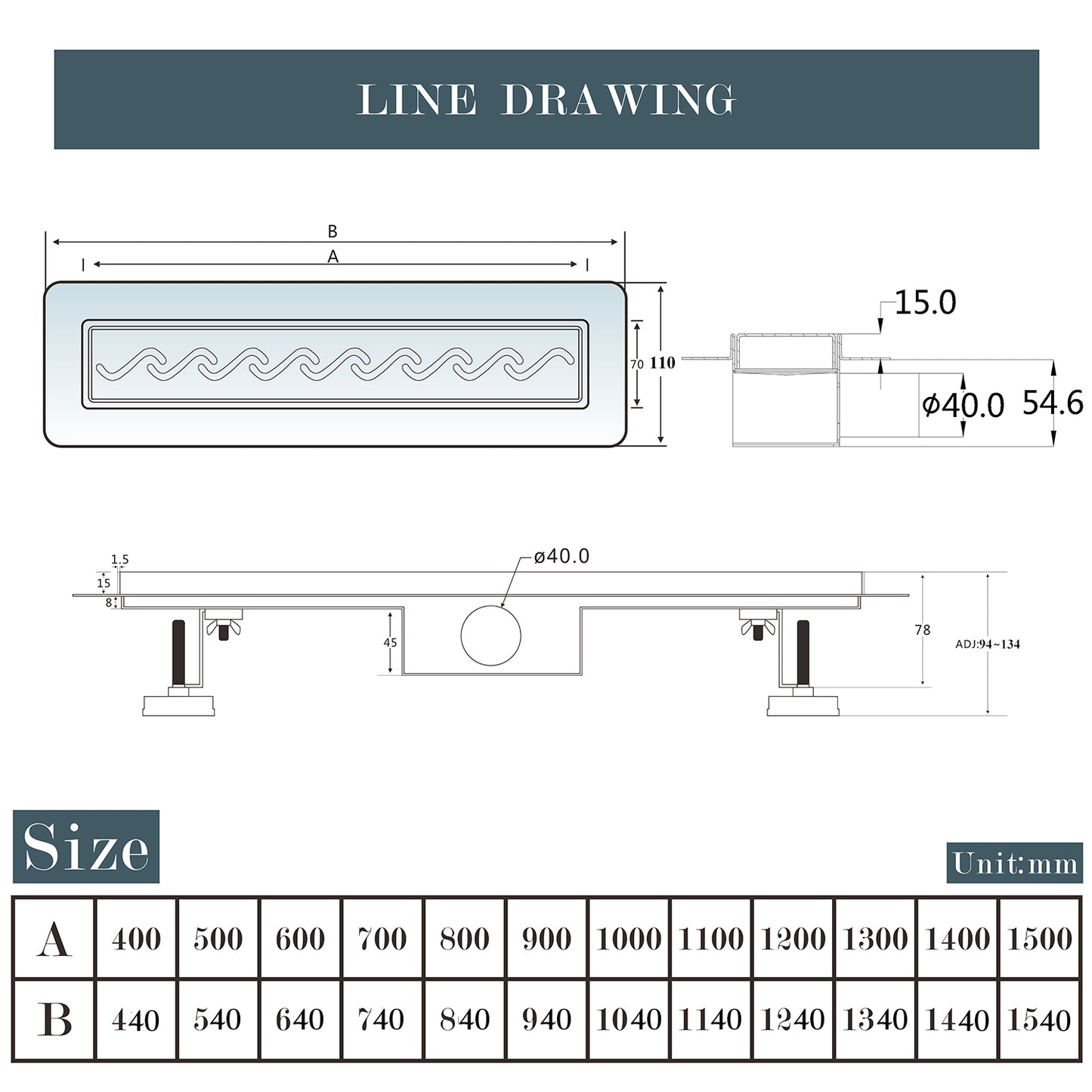 Canalina doccia Wave design cavo pannello piastrellabile in acciaio inox scarico a pavimento per bagno 60 70 80 90 100 cm