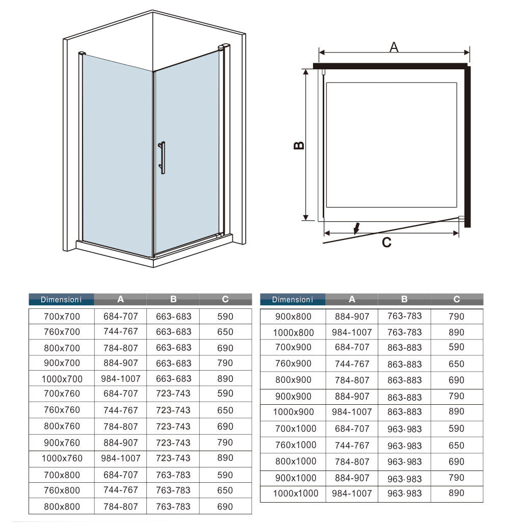 Box Doccia Angolare Porta Battente Fissa Parete Laterale Alto 187/197cm Vetro 6mm Temperato Anticalcare con Barra Stabilizzatrice ad Angolo