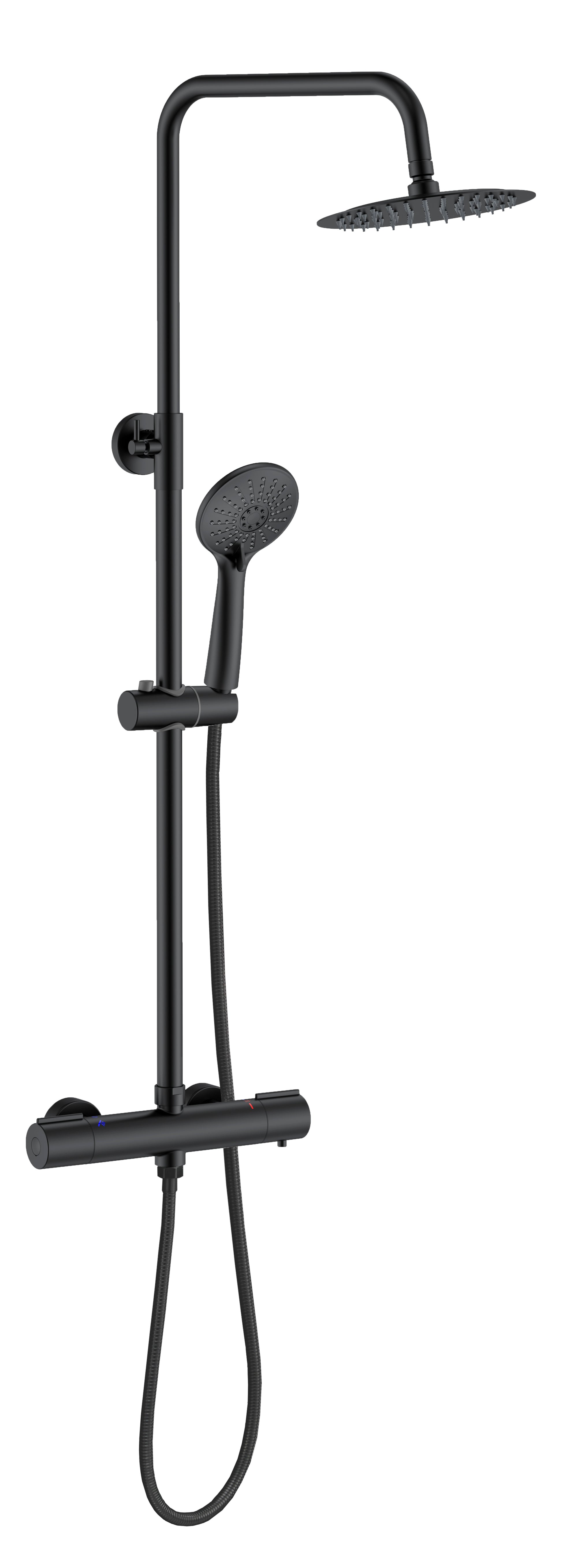 OCEAN ITALY Miscelatore Termostatico per Doccia Nero Opaco, Sistema Doccia Termostatico Rotondo 38 °C con Soffione a Pioggia, Doccetta, Kit Barra Miscelatore Doccia Antiscottatura, Altezza Regolabile Nero Opaco