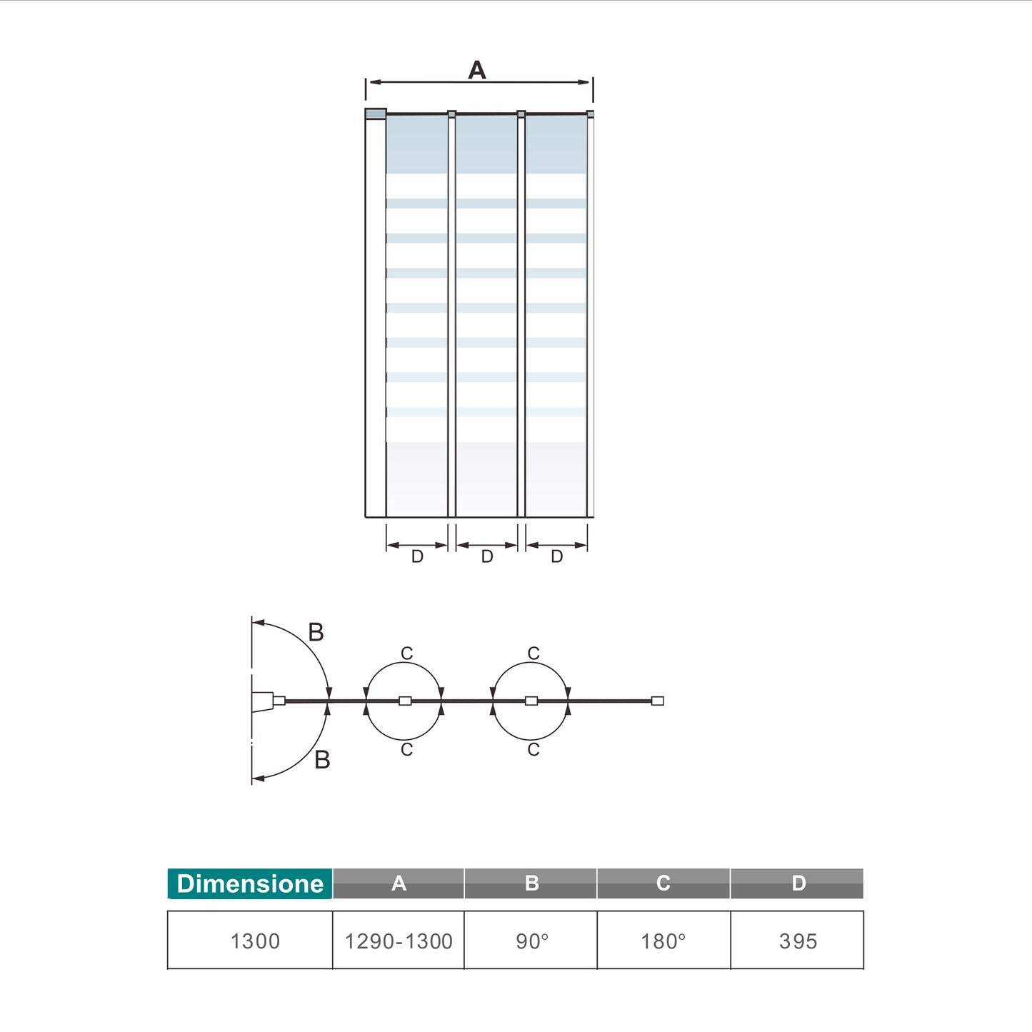 Sopravasca Verso Irreversibile Parete Doccia 130x140 cm 3 ante Pieghevoli a Libro Vetro 4 mm Fasce Serigragati Bianchi Telai Argento Opaco