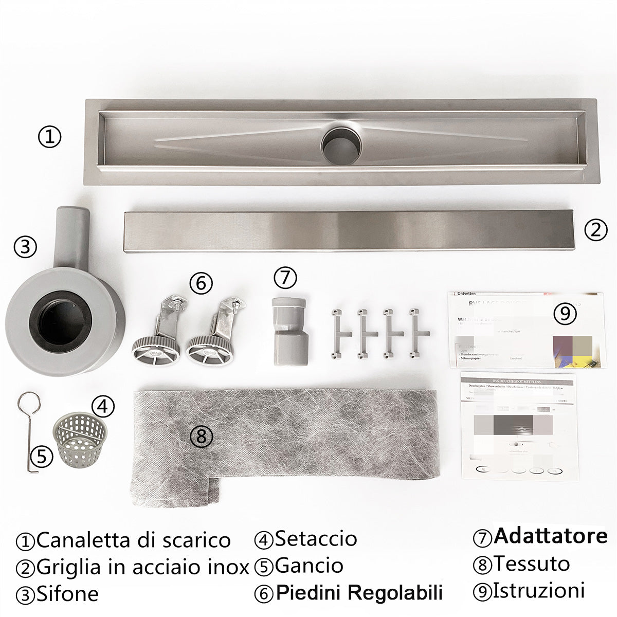 Canaletta per Doccia 2 in 1 Pannello Piastrellabile in Acciaio Inossidabile Scarico a Pavimento per Bagno50 60 70 80 90cm