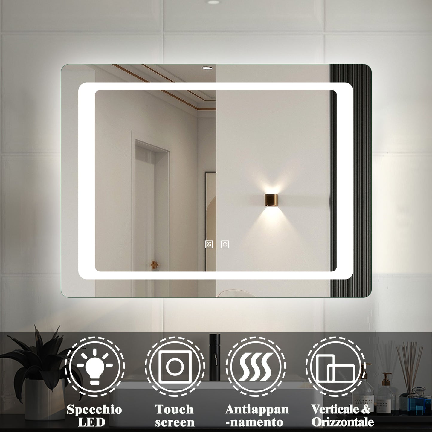 Ocean 80×60 cm / 90×65 cm Specchio Cosmetico Quadrato con Specchio da Bagno a LED, Interruttore Touch, Anti-appannamento, Tecnologia a Prova di Umidità IP44 80×60cm