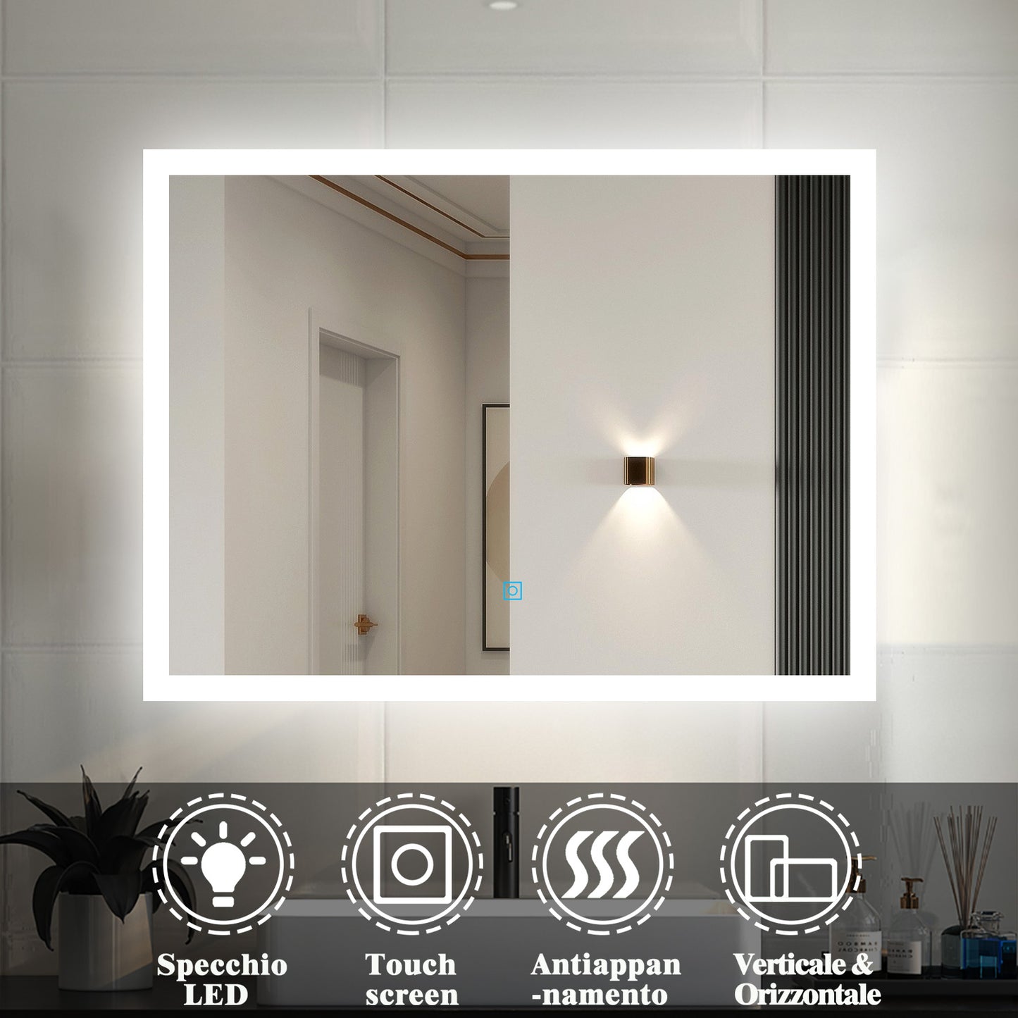 Specchio da bagno con luce LED, con illuminazione bianca fredda, IP44, a risparmio energetico 90×70cm