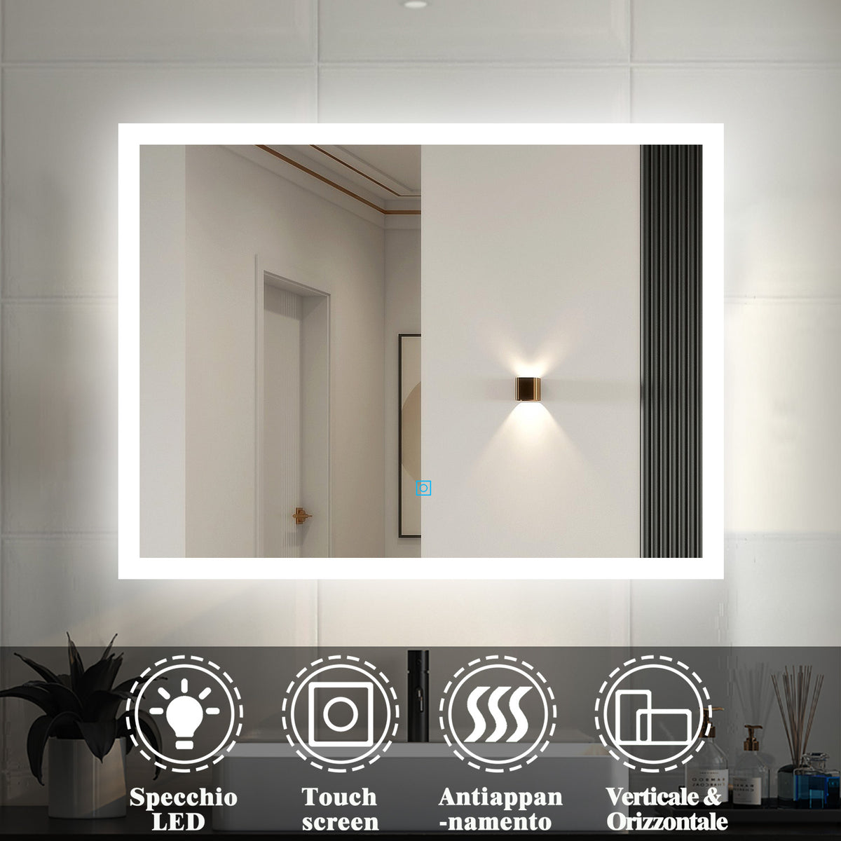 Specchiera da Parete ELLA luci LED integrate accensione Touch, 50x120 cm