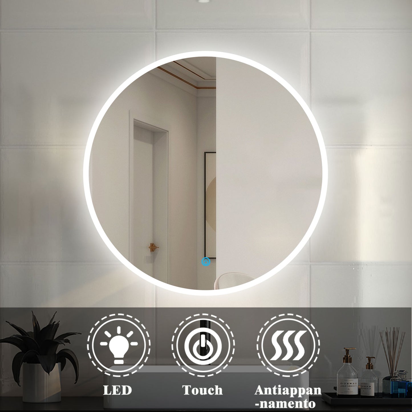 OCEAN Specchio LED Bagno Rotondo 60/70/80/90/100/120cm Anti-appannamento, Bianco Freddo 6000k / Tre luci 3000k-6000k, Retroilluminato Cerchio di luce sottile sul bordo 90x 90 cm