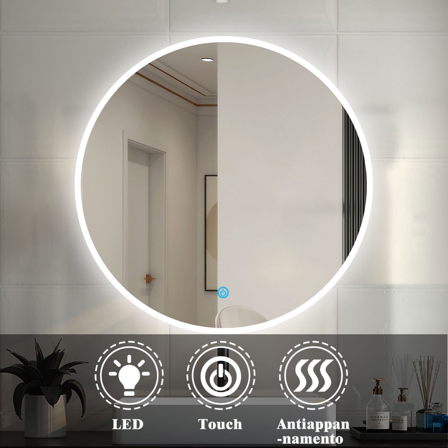 OCEAN Specchio LED Bagno Rotondo 60/70/80/90/100/120cm Anti-appannamento, Bianco Freddo 6000k / Tre luci 3000k-6000k, Retroilluminato Cerchio di luce sottile sul bordo 100x 100 cm