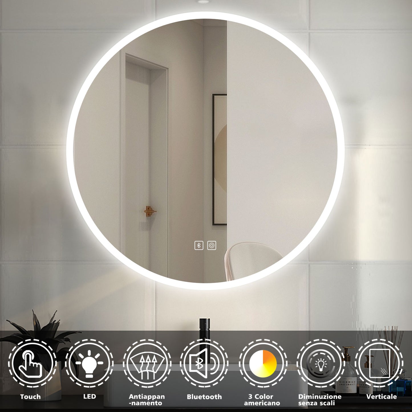 OCEAN Specchio LED Bagno Rotondo 60/70/80/90/100/120cm Anti-appannamento, Bianco Freddo 6000k / Tre luci 3000k-6000k, Retroilluminato Bluetooth altoparlanti 70 x 70 cm