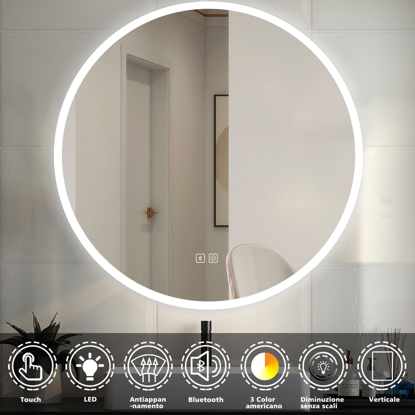 OCEAN Specchio LED Bagno Rotondo 60/70/80/90/100/120cm Anti-appannamento, Bianco Freddo 6000k / Tre luci 3000k-6000k, Retroilluminato Bluetooth altoparlanti 80 x 80 cm
