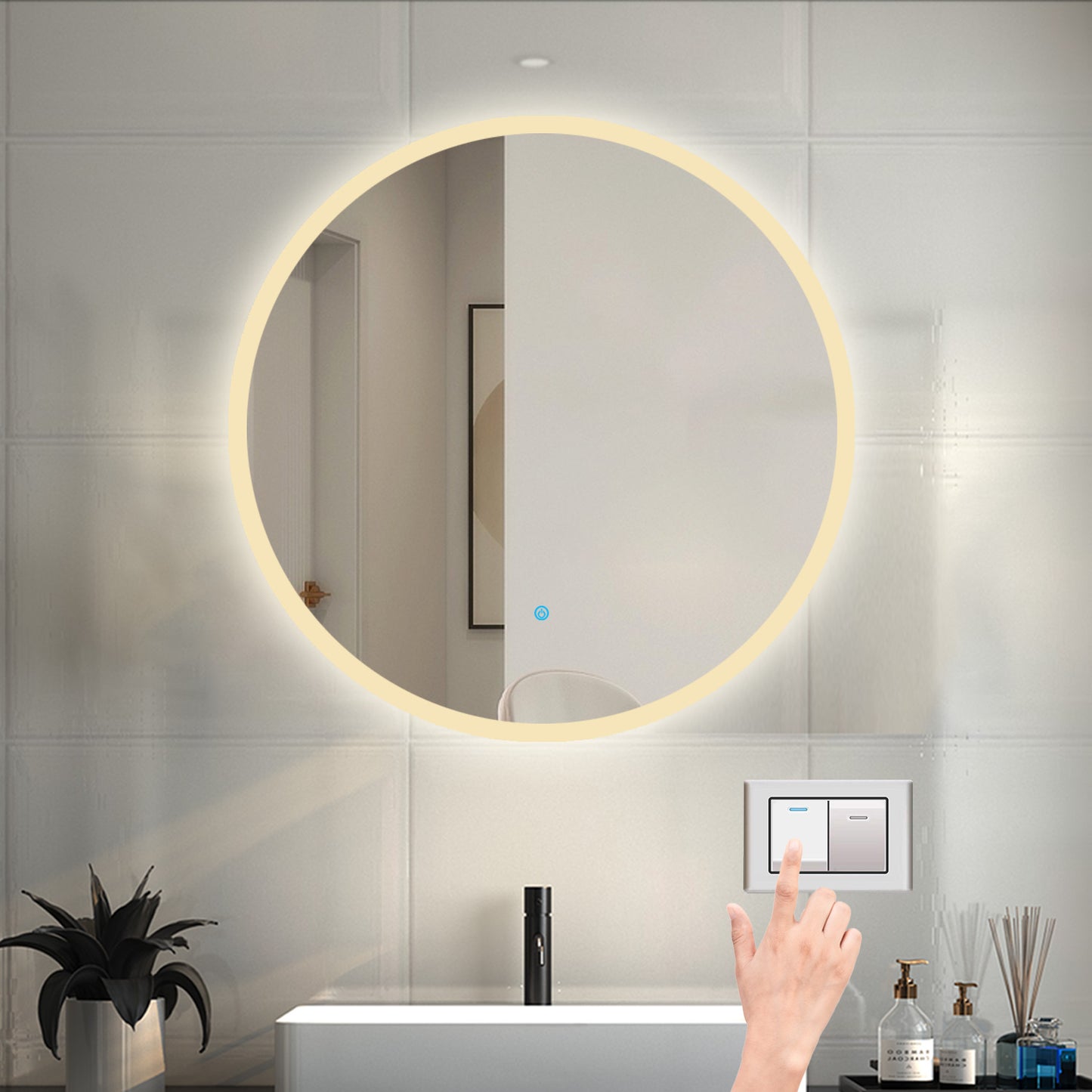 OCEAN Specchio LED Rotondo da Parete 70/80cm, Dimmerabile 3 Colori 3000K-6000K Tricolore, Anti Nebbia, Bluetooth,Tecnologia Impermeabile IP44, Retroilluminato