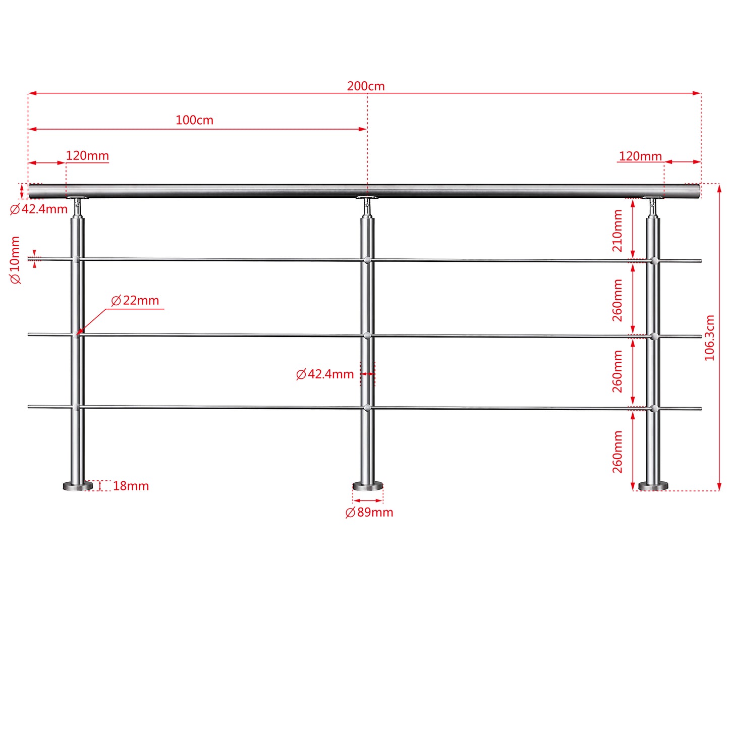 Balaustra Ringhiera Corrimano in acciaio inox 304 spazzolato 3 barre trasversali