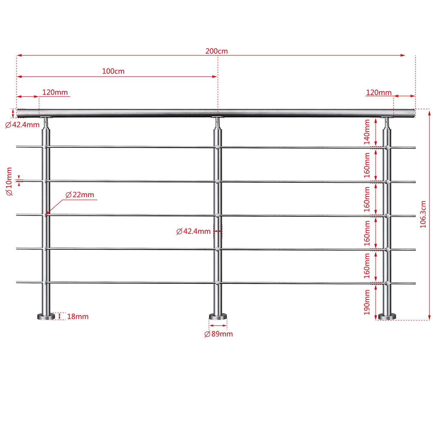Balaustra Ringhiera Corrimano in acciaio inox 304 spazzolato 5 barre trasversali