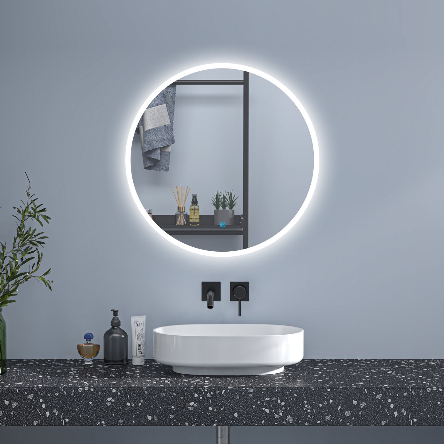 OCEAN Specchio LED Rotondo da Parete 70/80cm, Dimmerabile 3 Colori 3000K-6000K Tricolore, Anti Nebbia, Bluetooth,Tecnologia Impermeabile IP44, Retroilluminato