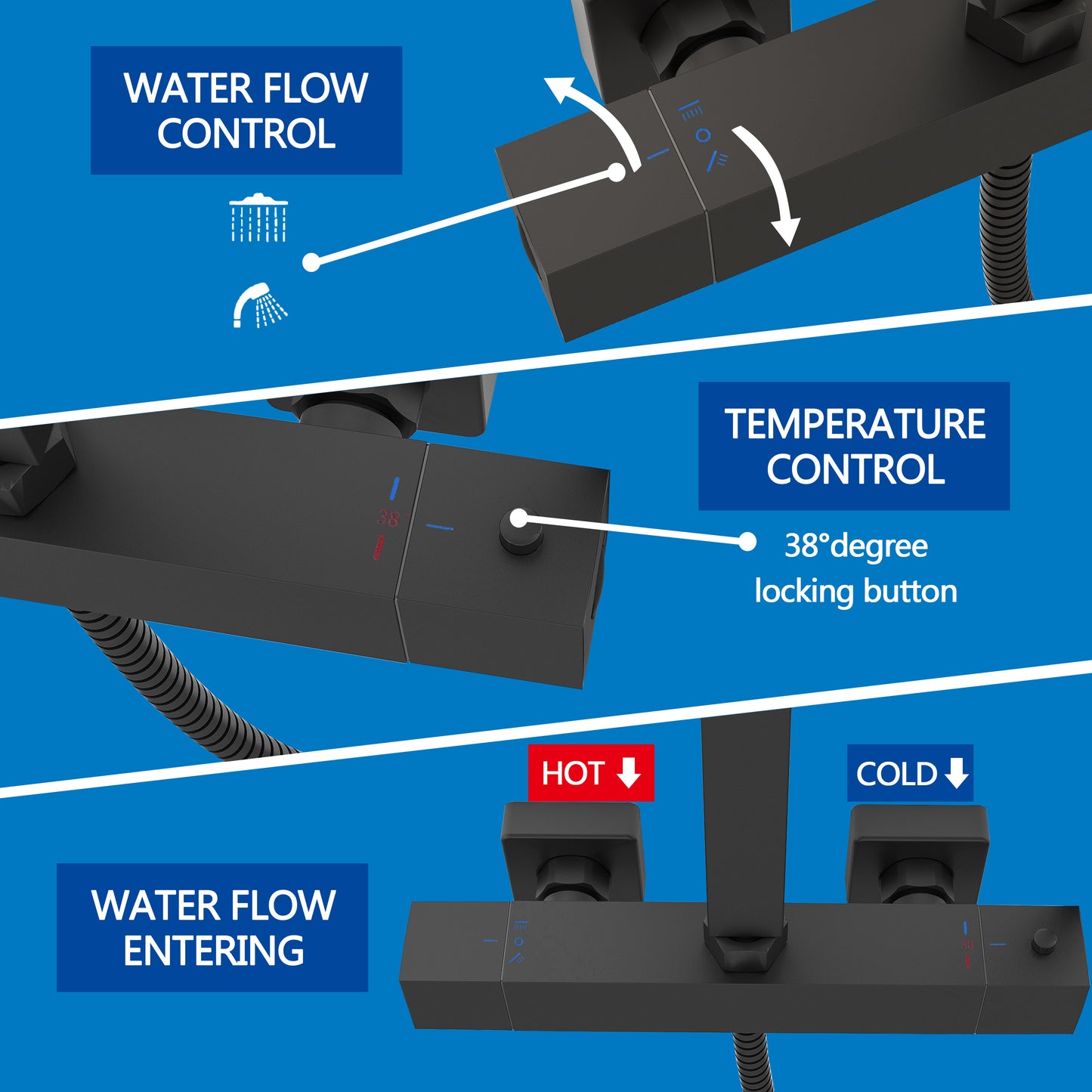 La doccetta quadrata adotta un ampio piano in acciaio inox dal diametro di 25cm, colore nero/cromo
