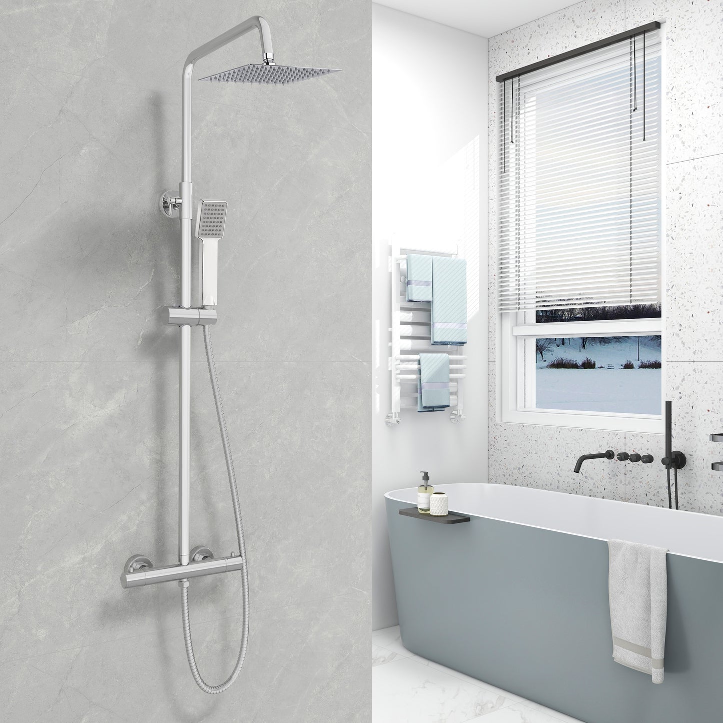 OCEAN ITALY Colonna Doccia con Miscelatore Termostatico, Set Doccia con Soffione e Doccetta, Soffione Doccia a Pioggia, Saliscendi Doccia in Ottone e Acciaio Inossidabile, Cromato Argento Acciaio Inox