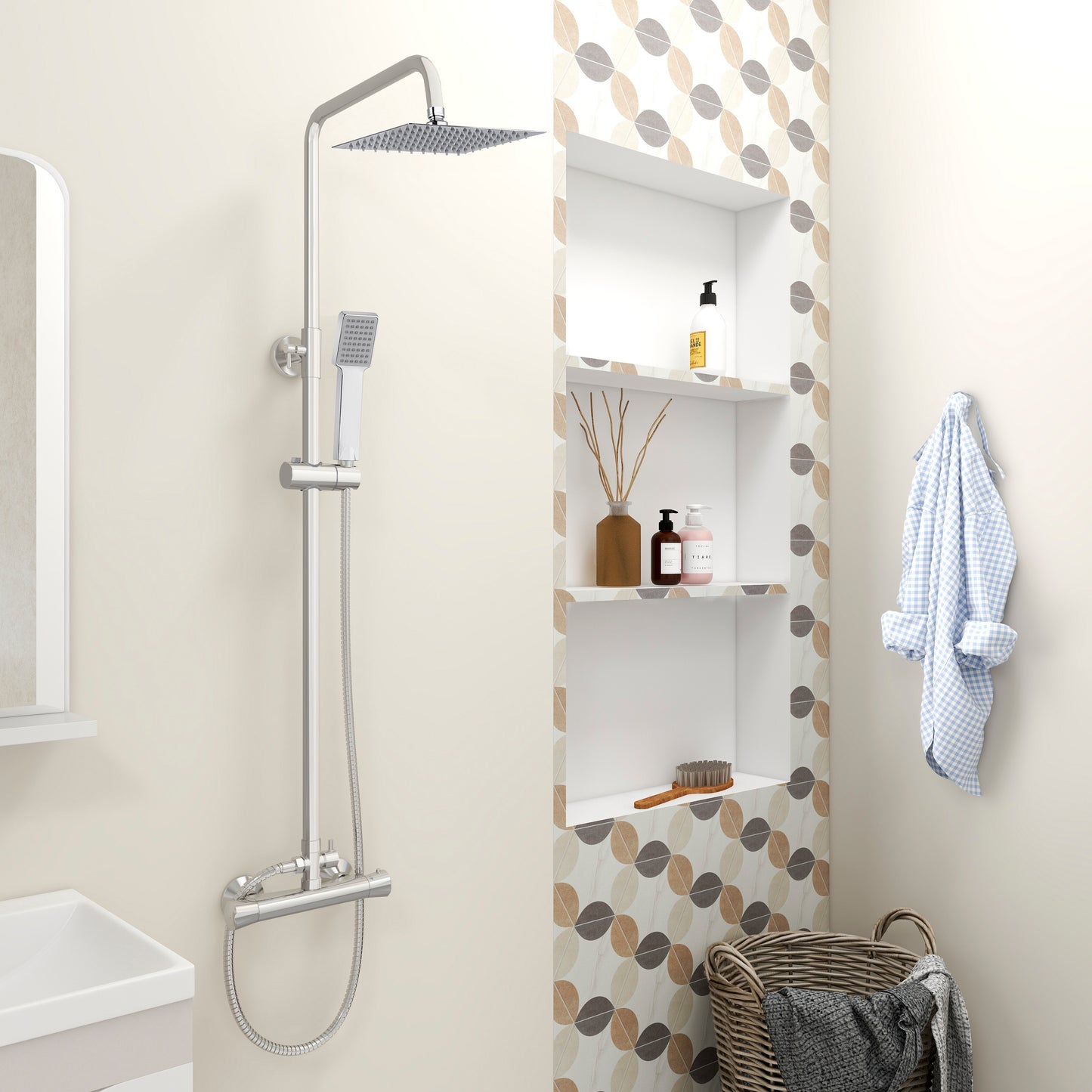 OCEAN ITALY Set Doccia con Rubinetto Termostatico, Soffione Doccia Quadrato in Acciaio Inox, Kit Asta Doccia Regolabile con Soffione a Pioggia, Doccetta a Mano, e Tubo Flessibile Antitorsione Argento Acciaio Inox+Ottone+Silicone