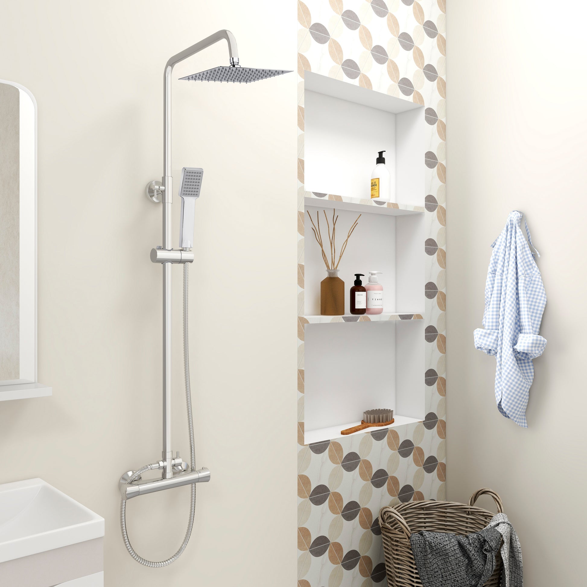 OCEAN ITALY Set Doccia con Rubinetto Termostatico, Soffione Doccia Quadrato in Acciaio Inox, Kit Asta Doccia Regolabile con Soffione a Pioggia, Doccetta a Mano, e Tubo Flessibile Antitorsione Argento Acciaio Inox+Ottone+Silicone