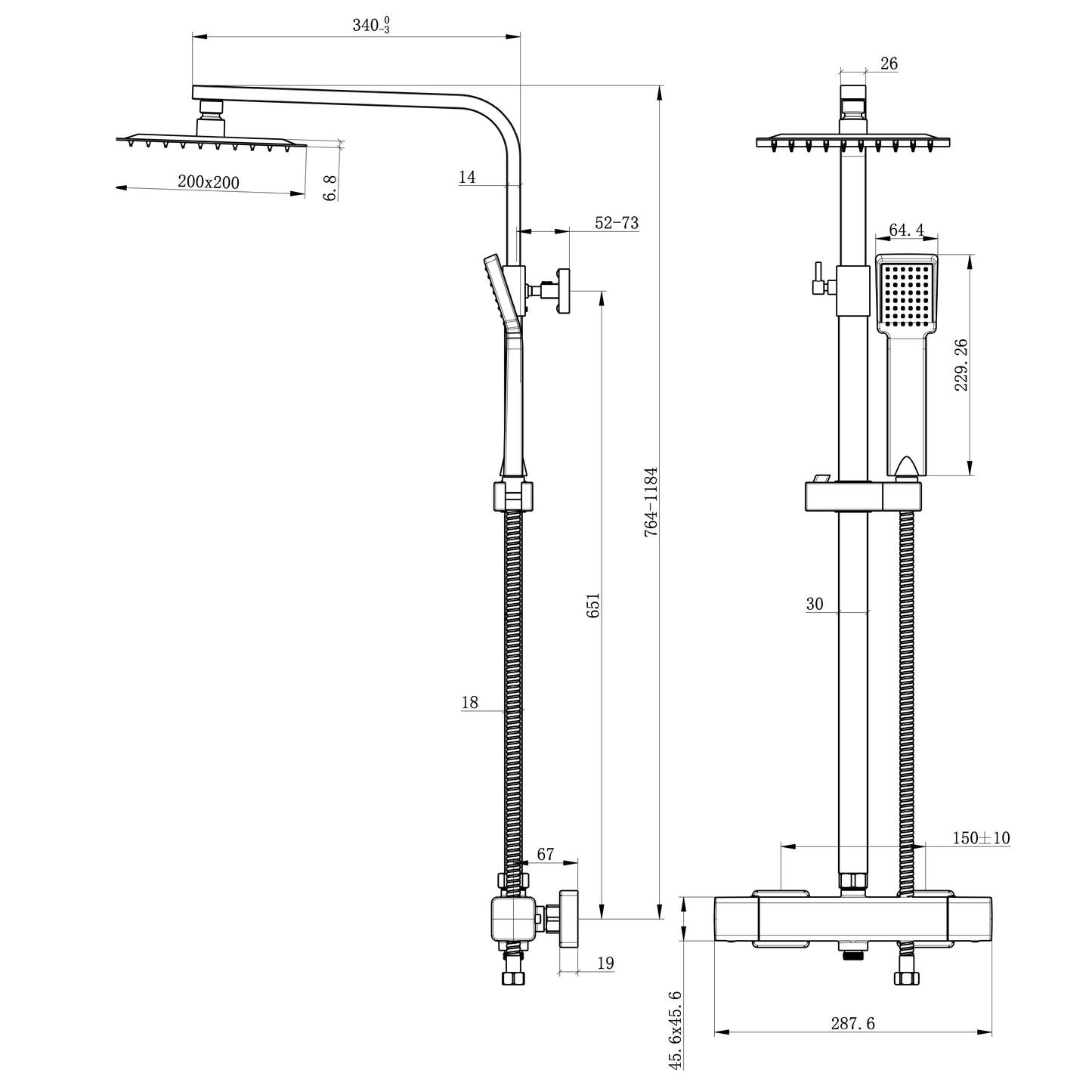 OCEAN ITALY Set miscelatore doccia termostatico cromato, sistema doccia termostatico quadrato 38 °C con soffione a pioggia, doccetta, kit barra miscelatore doccia antiscottatura, altezza regolabile