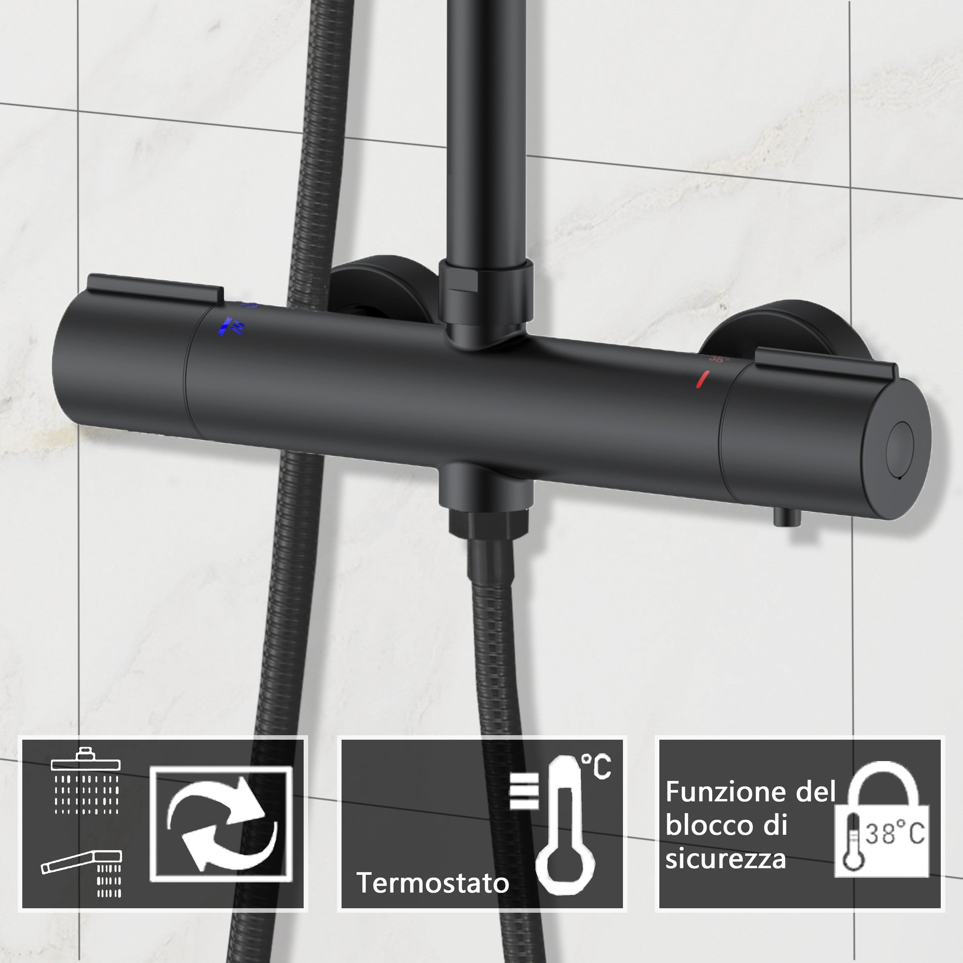 Sistema Doccia LYT-215H con Grande Soffione in Acciaio Inox, Regolazione dell'Altezza e Termostato a 38°C
