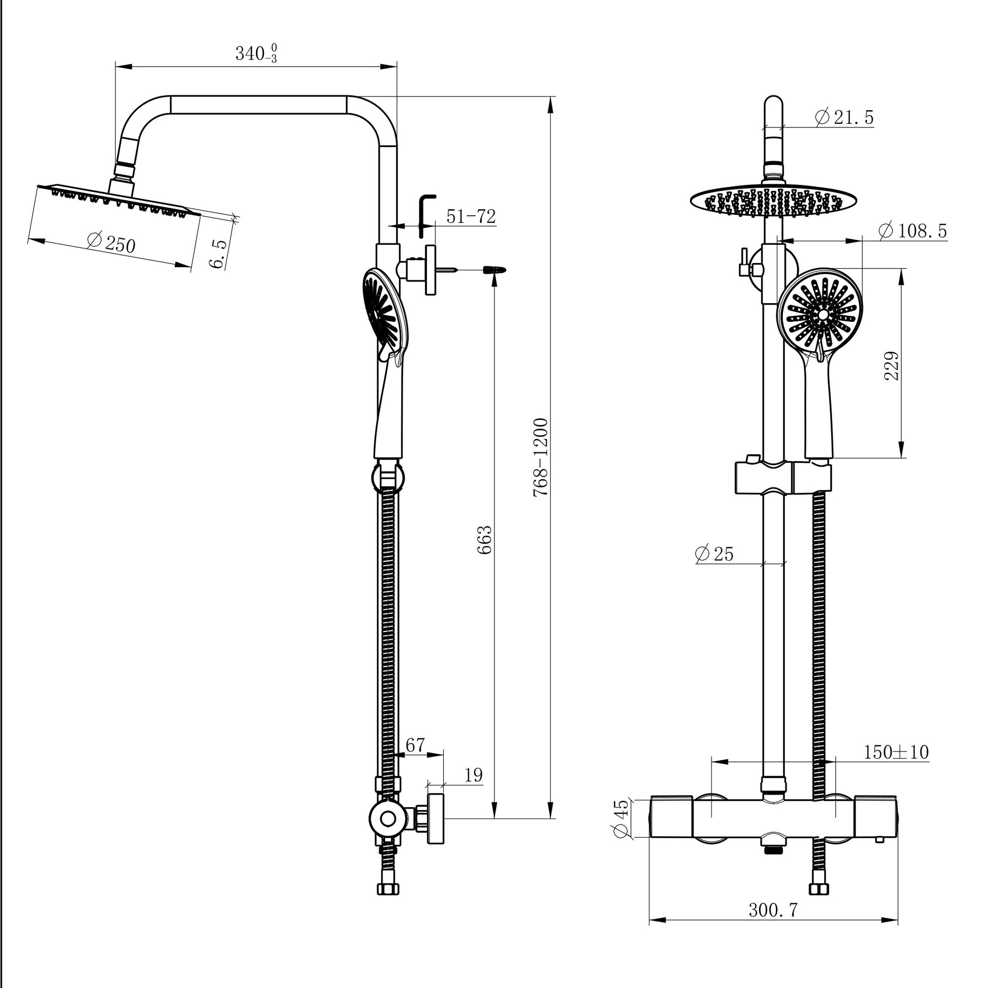 Sistema Doccia LYT-215H con Grande Soffione in Acciaio Inox, Regolazione dell'Altezza e Termostato a 38°C