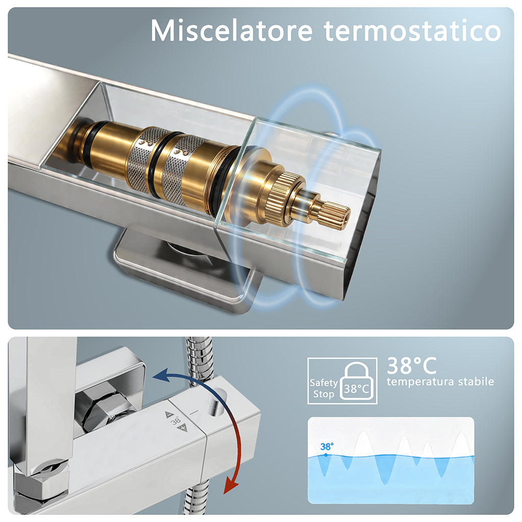 Sistema Doccia Moderno con Soffione Quadro 30x30cm, Rubinetto Cool-Touch Antiscottatura e Doccetta 3 Getti - Asta Regolabile 73-115cm in Acciaio Inox