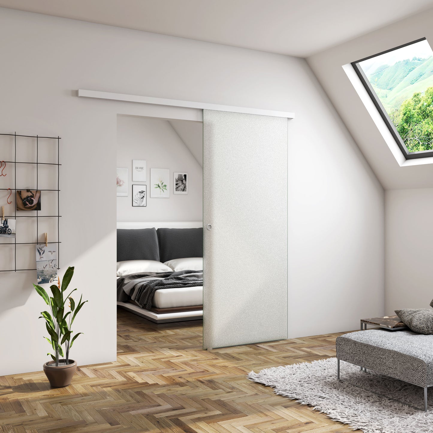 Porta Scorrevole in Vetro da 8mm Temperato Opaco con Pellicola Anti-frantumi con Binario in Alluminio Bianco Verniciato Altezza 225cm