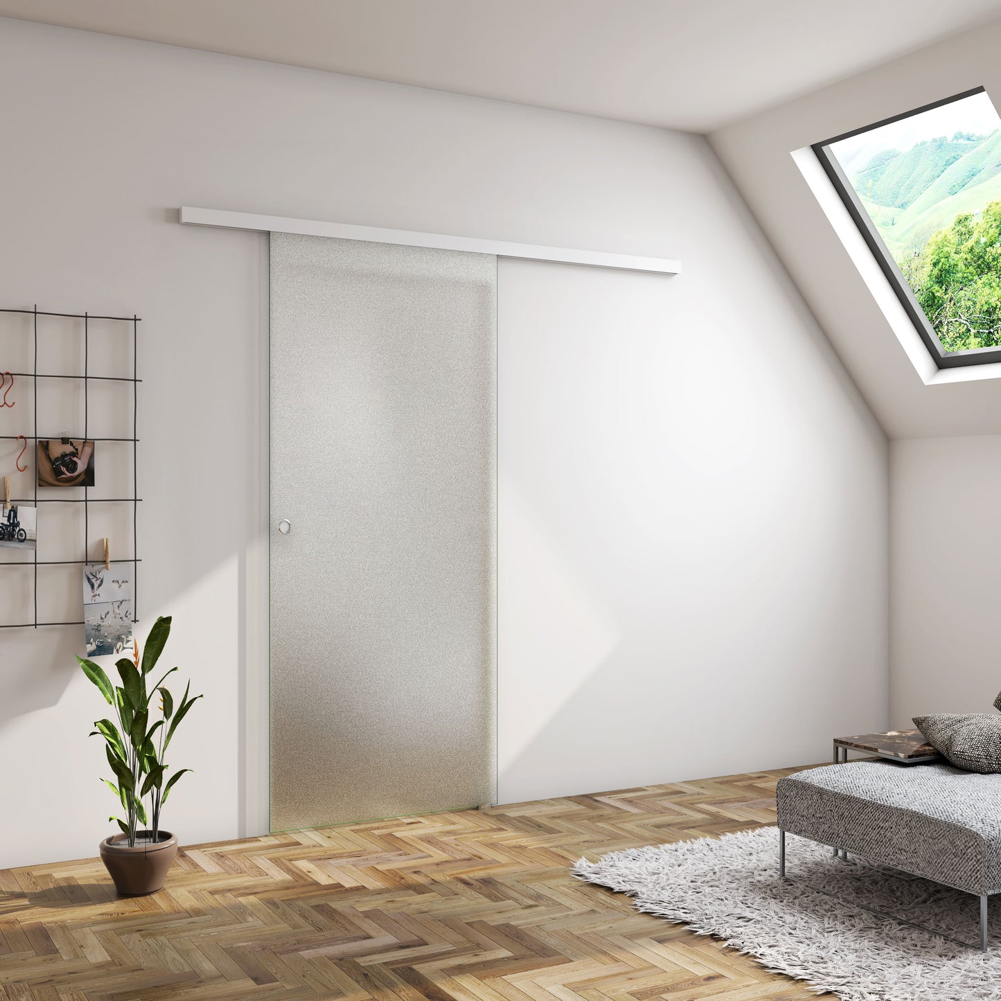 Porta Scorrevole in Vetro da 8mm Temperato Opaco con Pellicola Anti-frantumi con Binario in Alluminio Bianco Verniciato Altezza 225cm