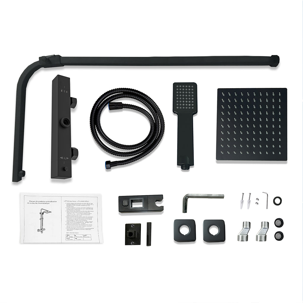 Colonna doccia termostatica con soffione quadrato 20x20 e doccetta a 3 getti, regolabile in altezza 73-115 cm