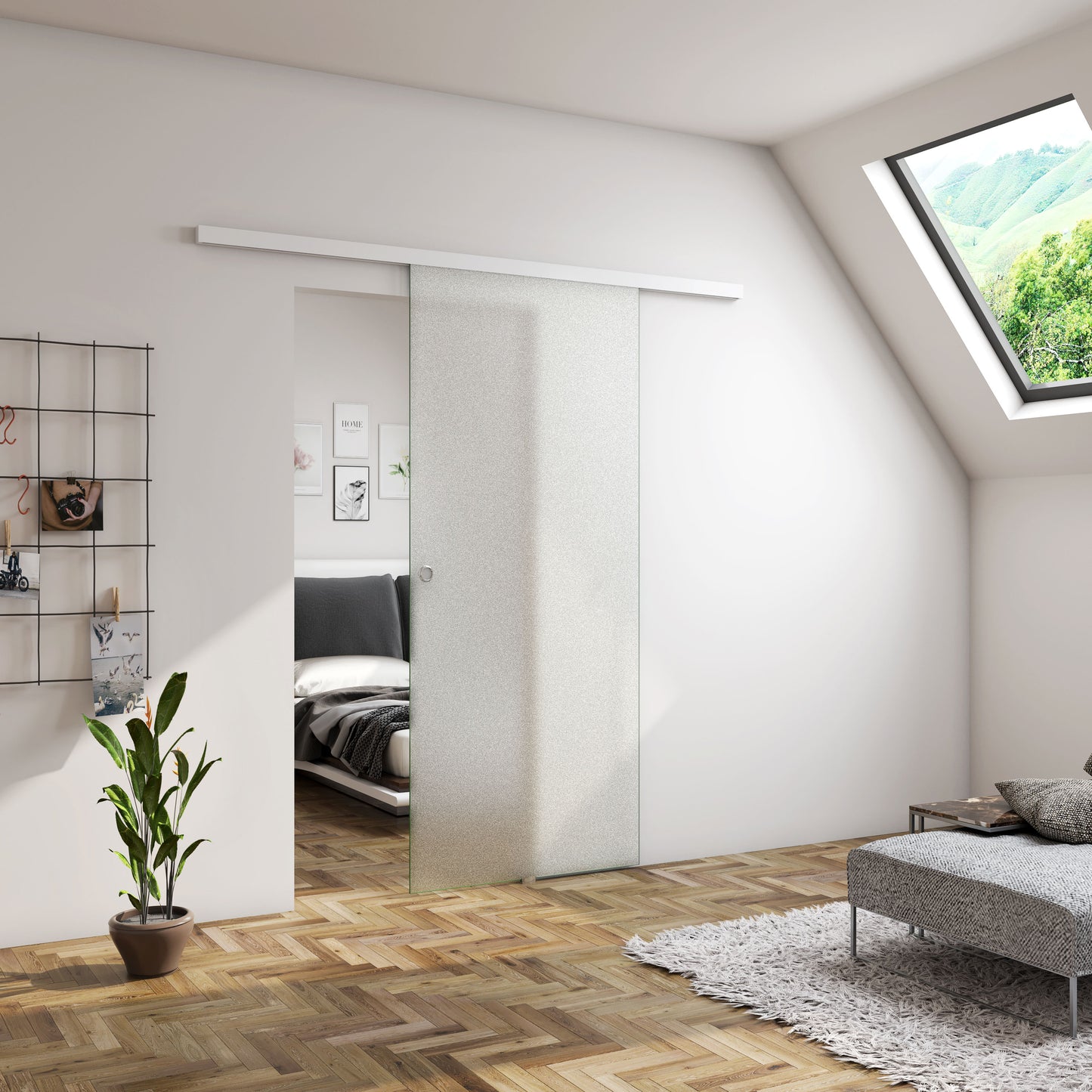 Porta Scorrevole in Vetro da 8mm Temperato Opaco con Pellicola Anti-frantumi con Binario in Alluminio Bianco Verniciato Altezza 225cm