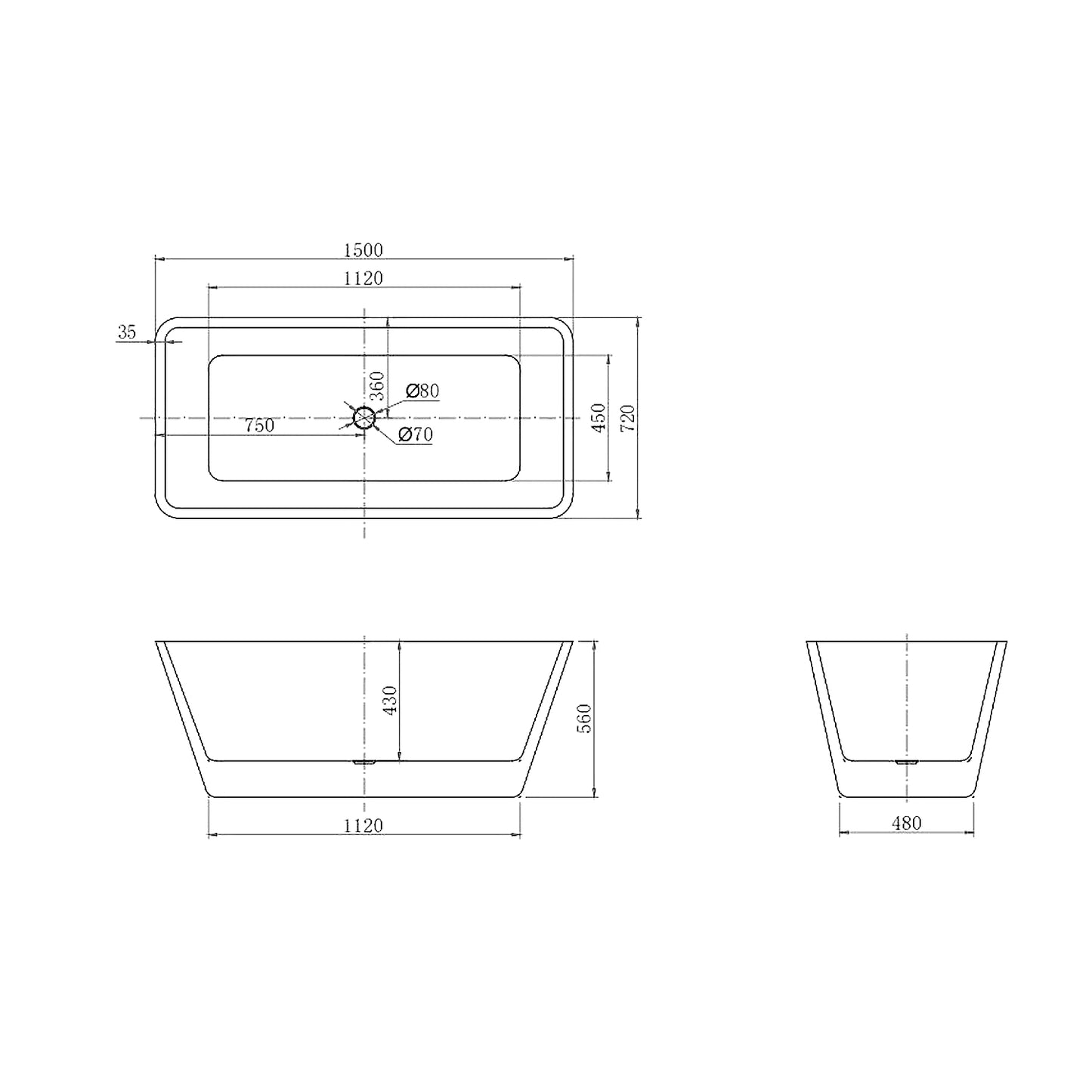 Vasca da Bagno Freestanding Rettangolo Simmetrico Bianco in Acrilico 170x80x58 cm/150x72x56 cm (L.xP.xA.)
