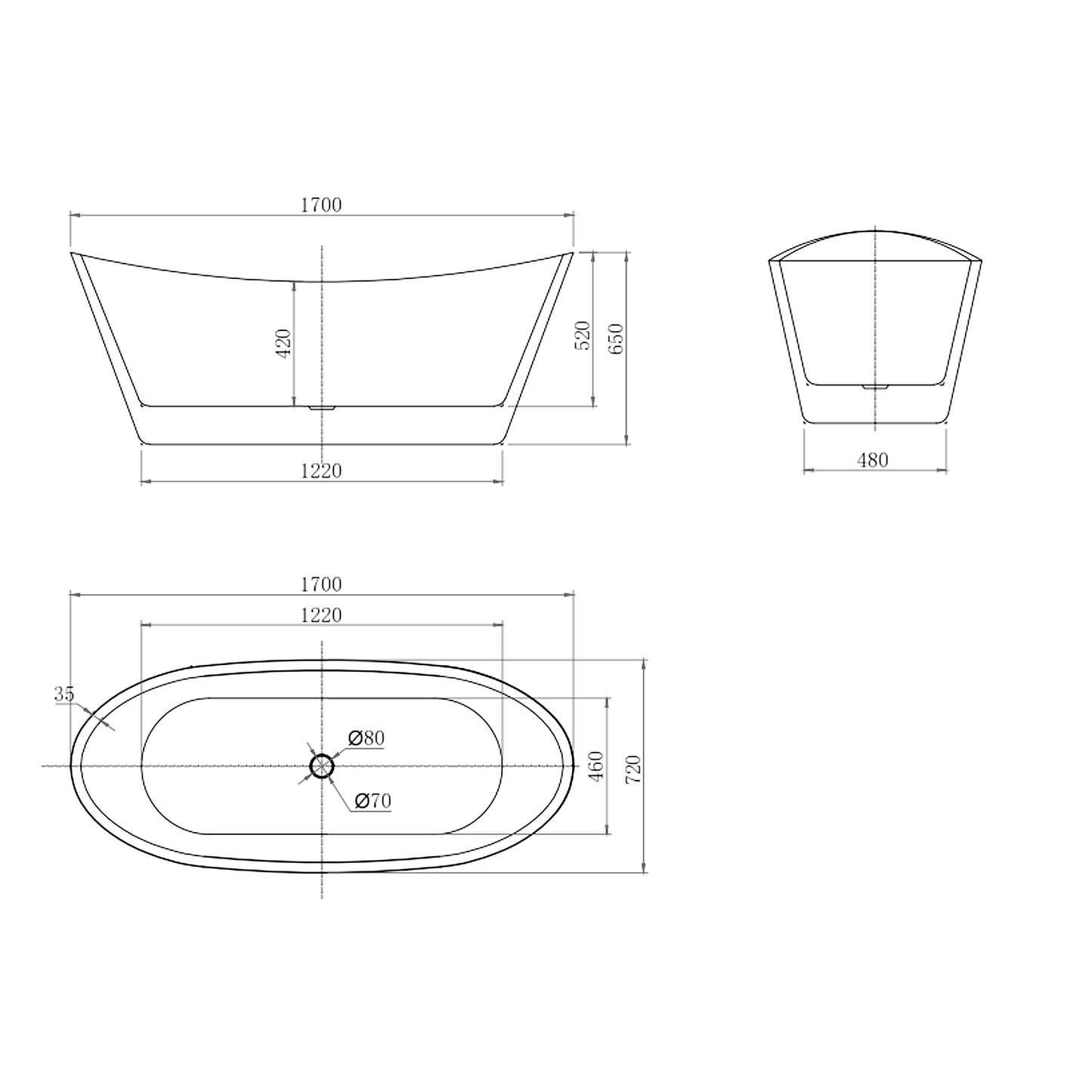 Vasca da Bagno Freestanding Barca Ovale Bianco in Acrilico 150x72x65 cm/170x72x65 cm (L.xP.xA.)
