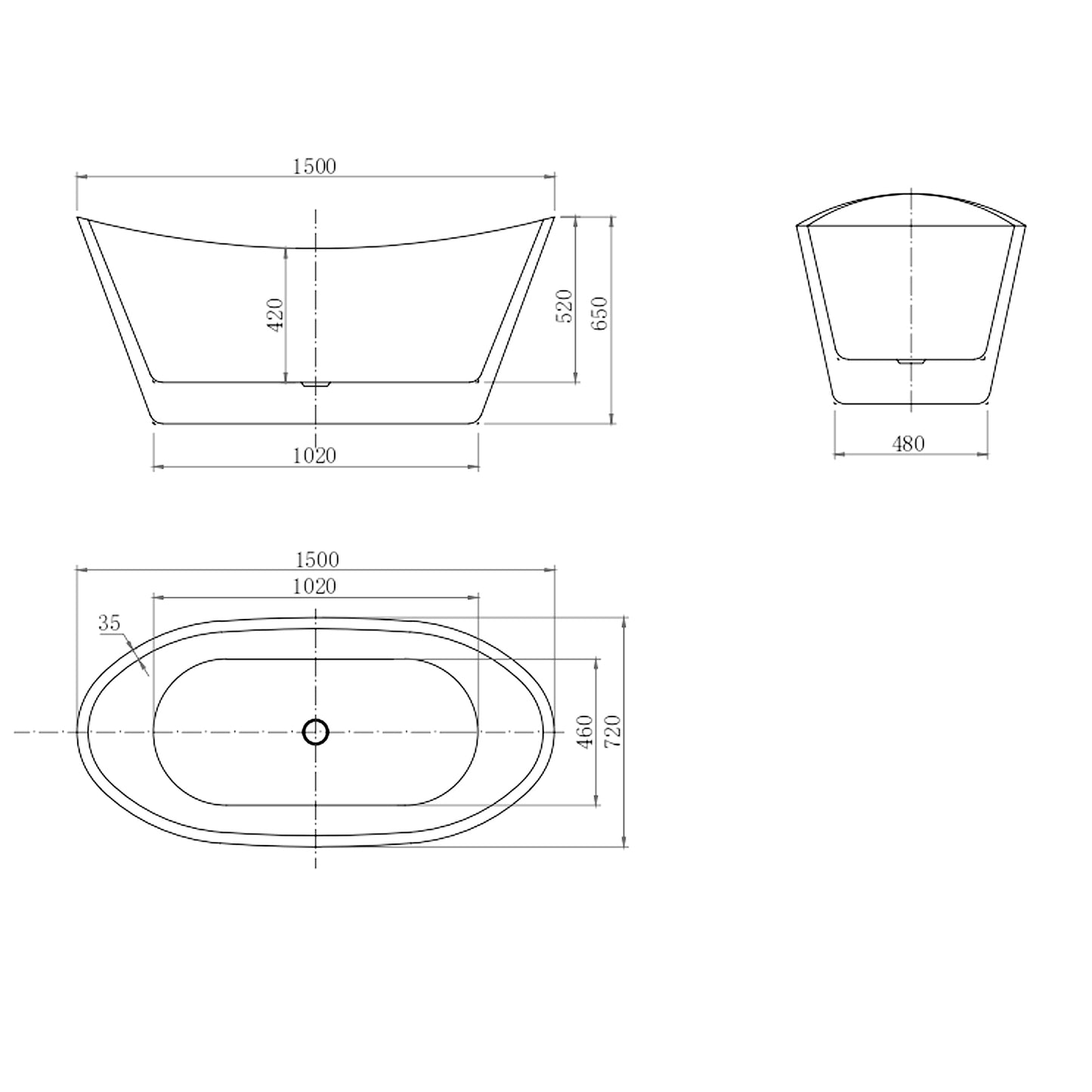 Vasca da Bagno Freestanding Barca Ovale Bianco in Acrilico 150x72x65 cm/170x72x65 cm (L.xP.xA.)
