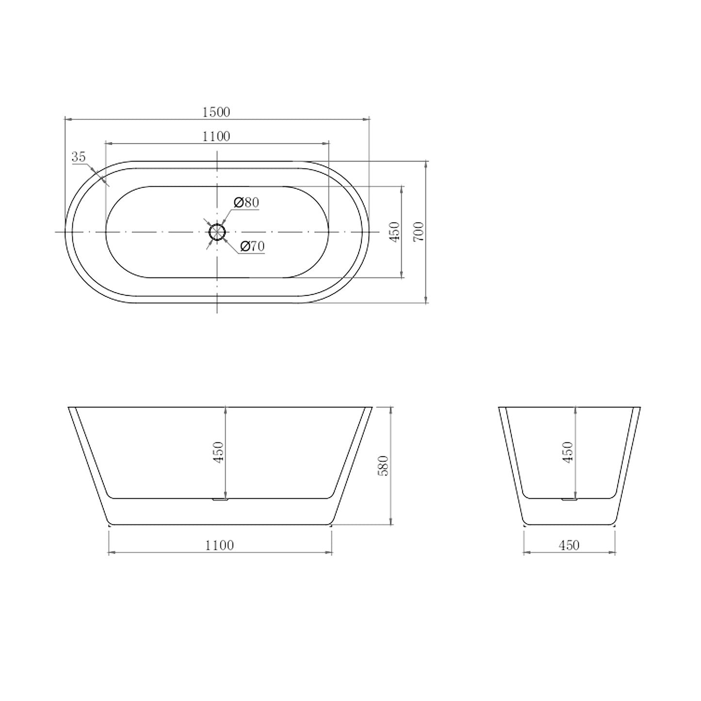 Vasca da Bagno Freestanding Ovale Simmetrico Bianco in Acrilico 150x70x58 cm/170x80x58 cm (L.xP.xA.)