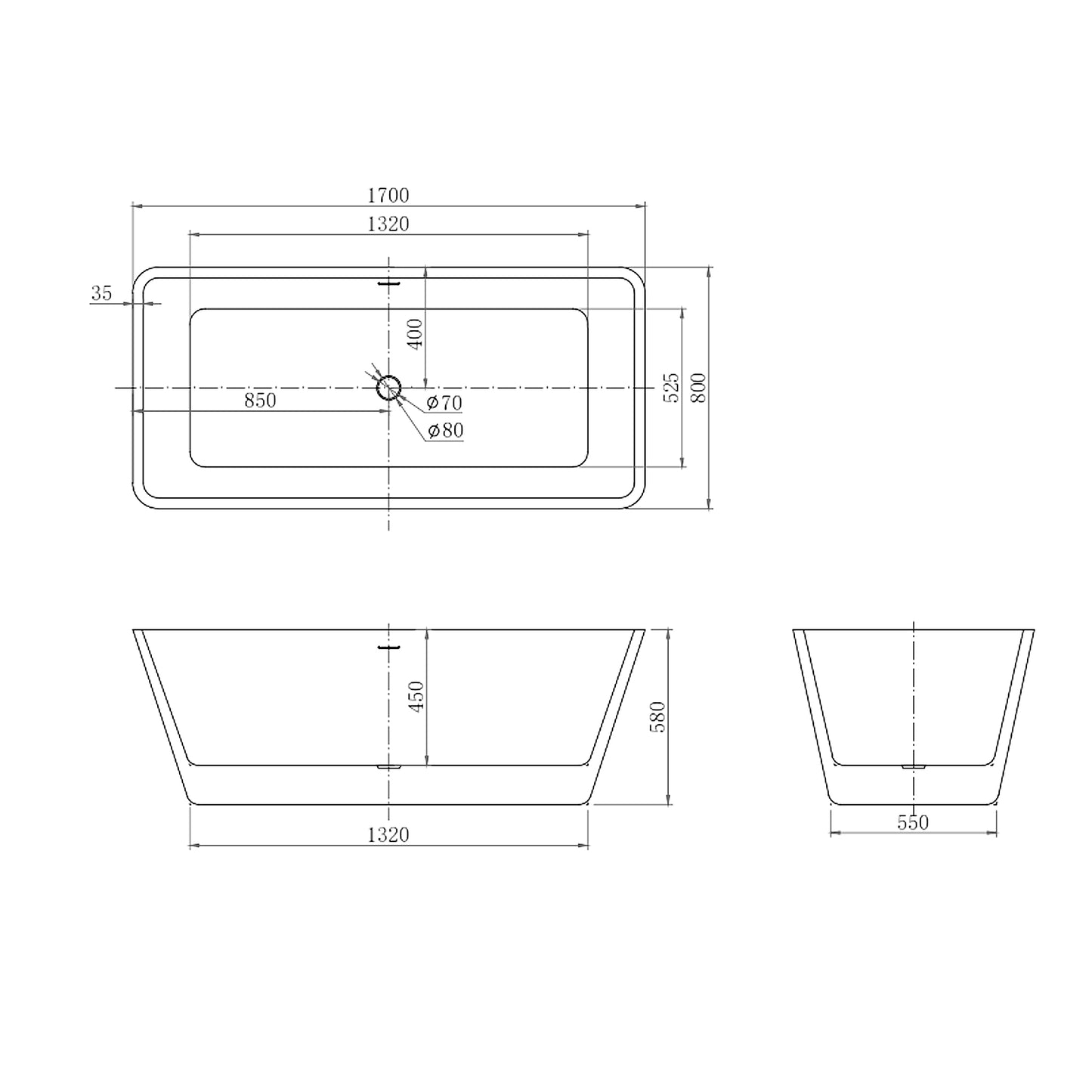 Vasca da Bagno Freestanding Rettangolo Simmetrico Bianco in Acrilico 170x80x58 cm/150x72x56 cm (L.xP.xA.)