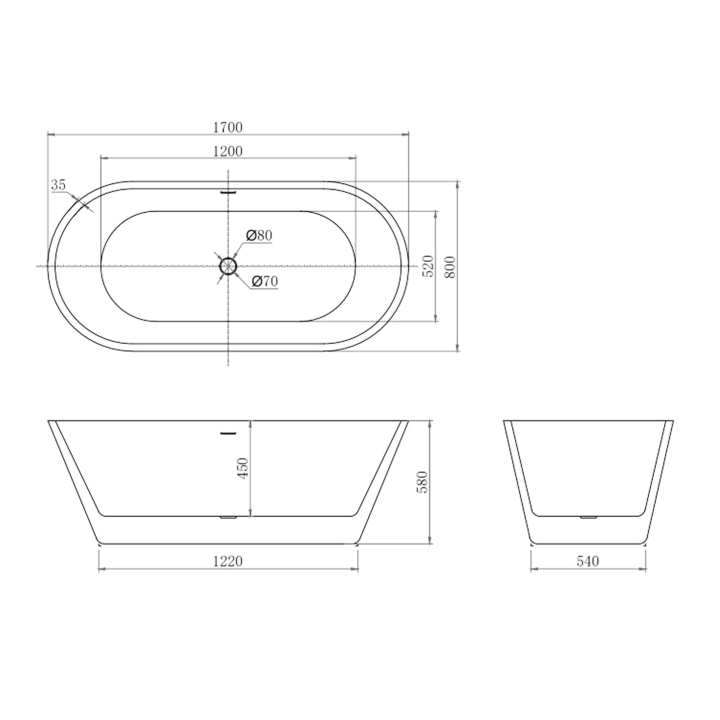 Vasca da Bagno Freestanding Ovale Simmetrico Bianco in Acrilico 150x70x58 cm/170x80x58 cm (L.xP.xA.)
