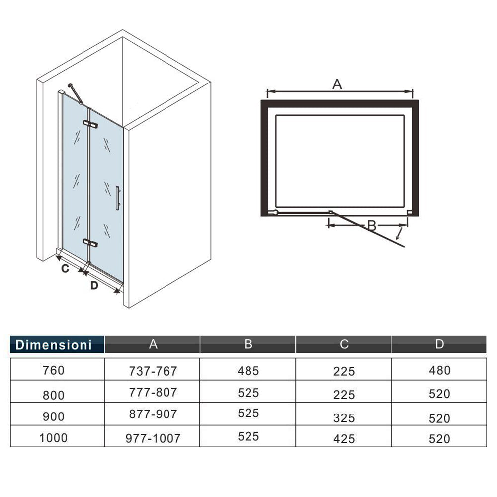 Box Doccia per Nicchia Porta Battente 76-100cm in Vetro Trasparente Anticalcare da 6mm più anta con Barra Stabilizzatrice