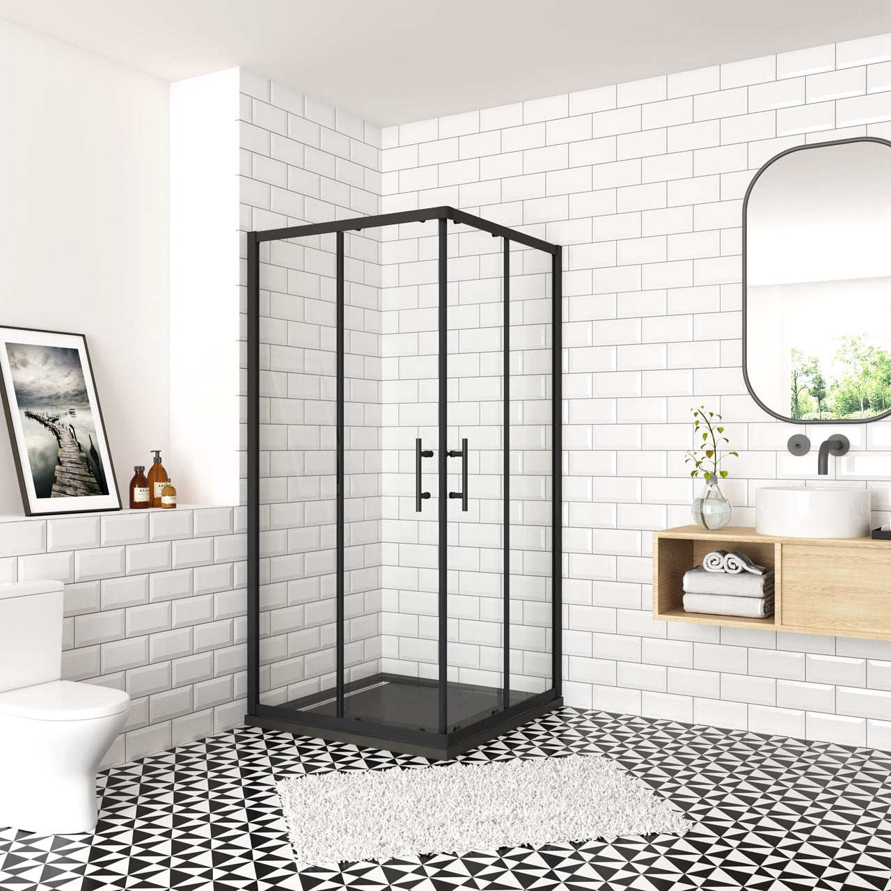 Ocean Box Doccia Angolare Porta Scorrevole 190 cm Vetro Temperato da 6 mm Anticalcare Profilo Nero Opaco Varie Dimensioni