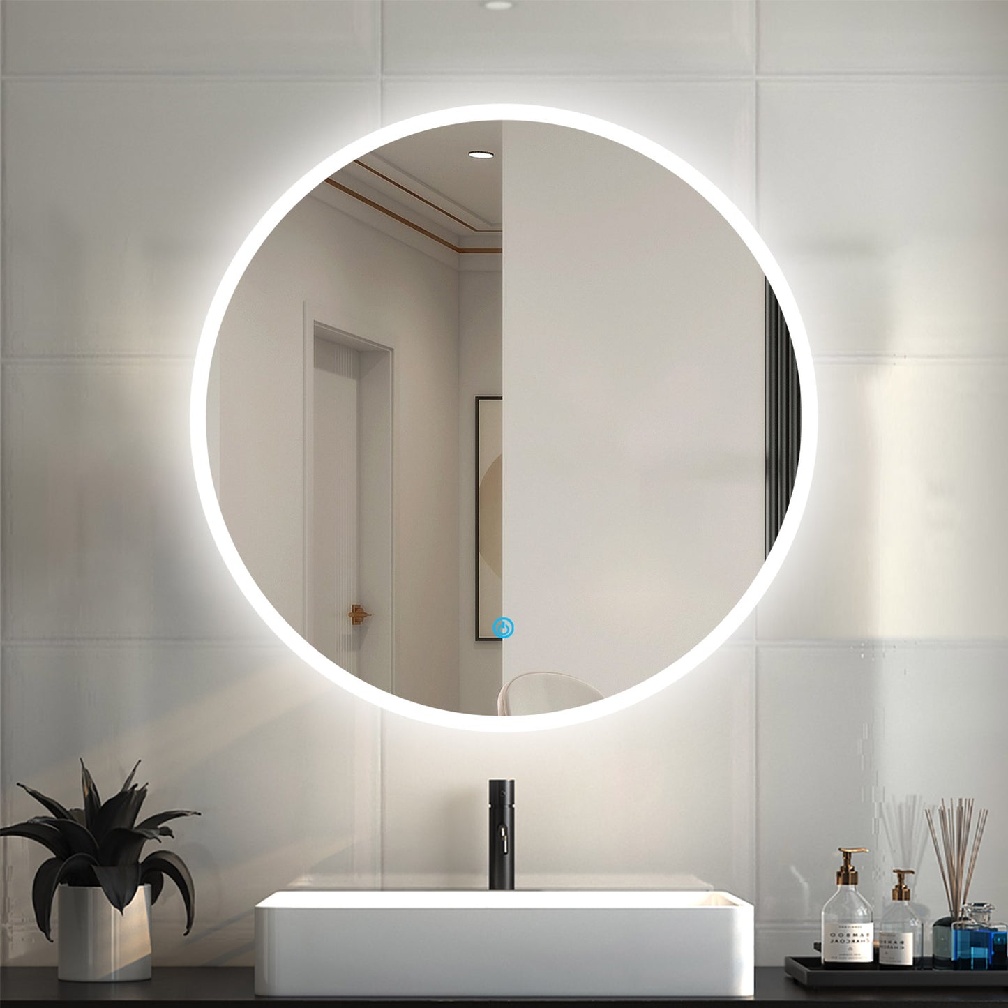 OCEAN Specchio LED Bagno Rotondo 60/70/80/90/100/120cm Anti-appannamento, Bianco Freddo 6000k / Tre luci 3000k-6000k, Retroilluminato