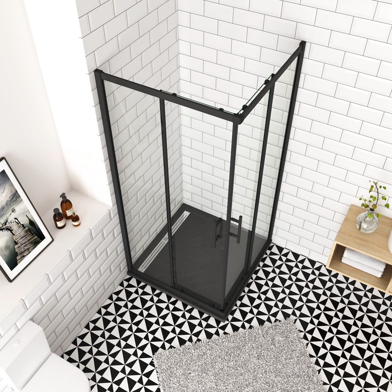 Ocean Box Doccia Angolare Porta Scorrevole 190 cm Vetro Temperato da 6 mm Anticalcare Profilo Nero Opaco Varie Dimensioni