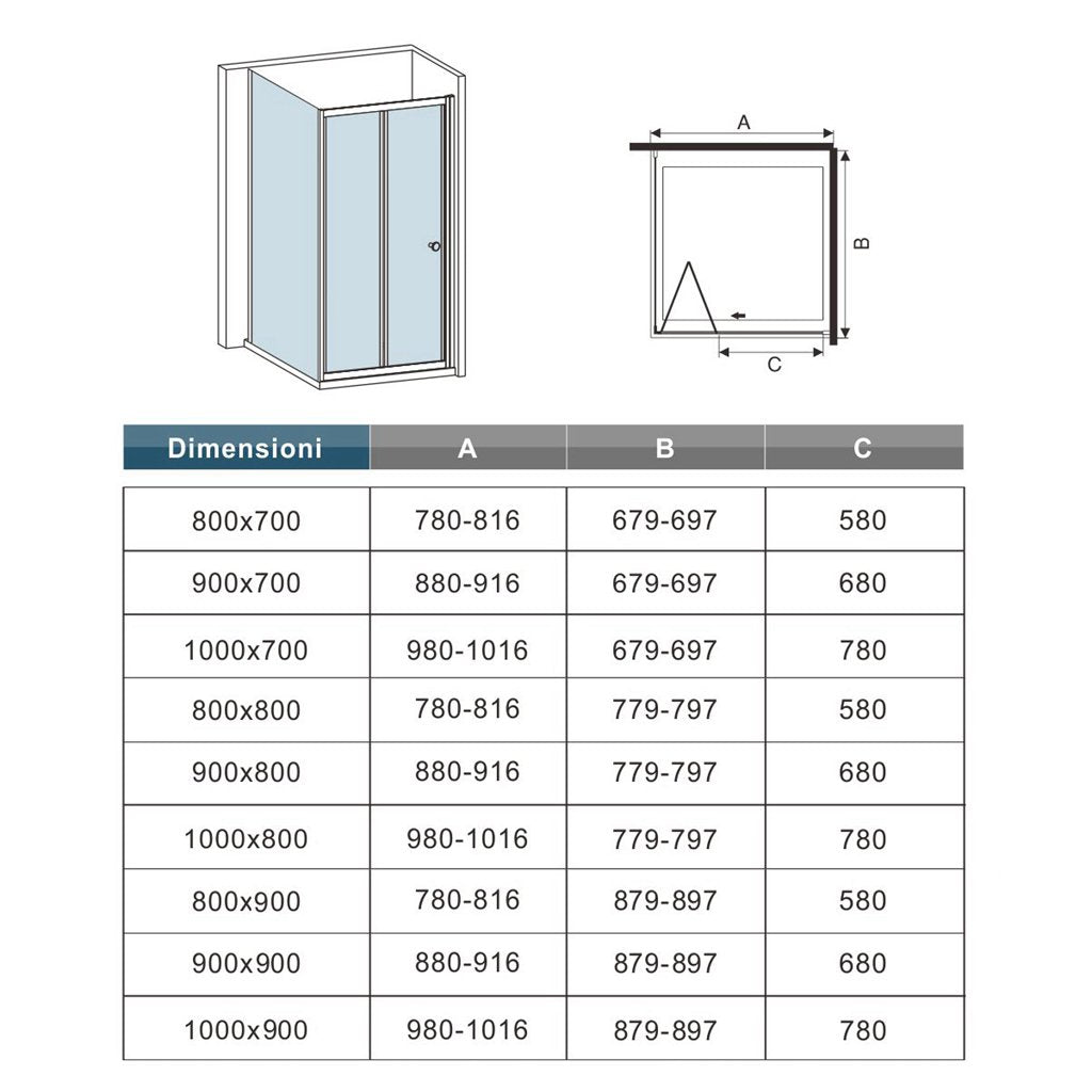 Box Doccia Angolare 185 cm Porta Scorrevole a Soffietto con Parete Fissa in Vetro Temperato Telai Cromati Lucidi Dimensioni Multiple