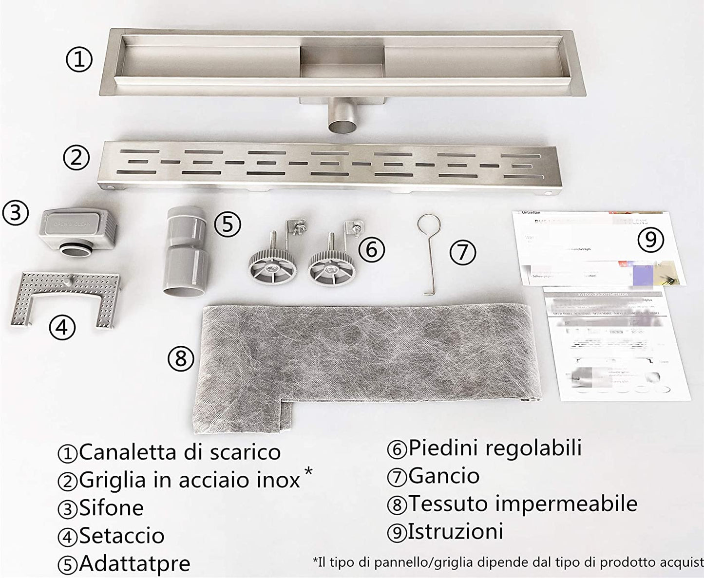 Canaletta per Doccia in Acciaio Inossidabile con Sifone Anti-odore e Filtro per Capelli Scarico a Pavimento per Bagno 50 60 70 80 90 100 110 120 130 140 150 cm Fessura