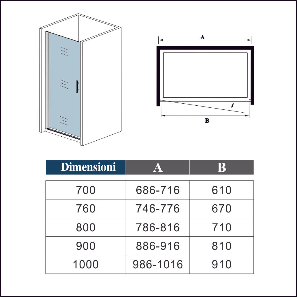 Ocean 190 cm Porta Doccia Per Nicchia 76 110 120 cm Apertura Battente in Vetro 6 mm Temperato Trasparente Anticalcare Cromo Lucido