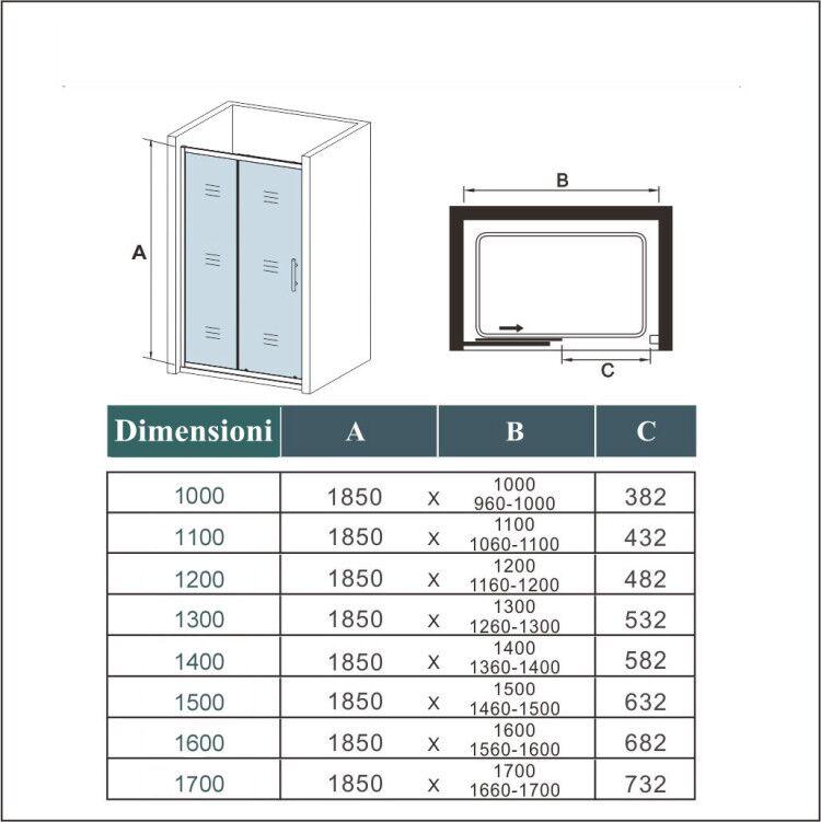 Porta Doccia Scorrevole Per Nicchia 100-160 x185cm in Vetro Temperato Trasparente Da 5mm Ingresso Laterale